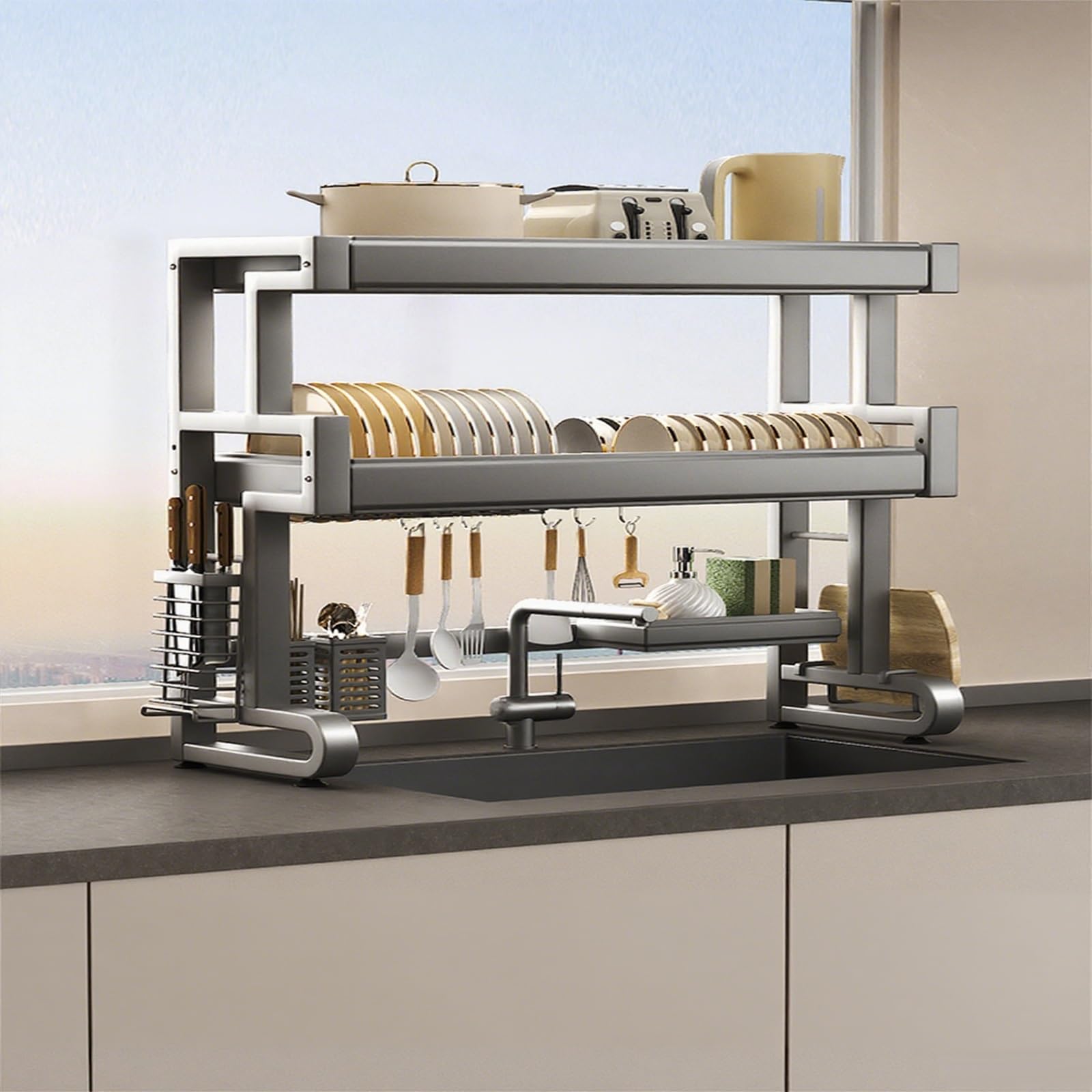 Scolapiatti espandibile a 2 Livelli da posizionare sopra Il lavello e Il Piano di Lavoro, Grigio, 66 cm (21 Pollici), Design salvaspazio, Sistema di drenaggio facilitato.