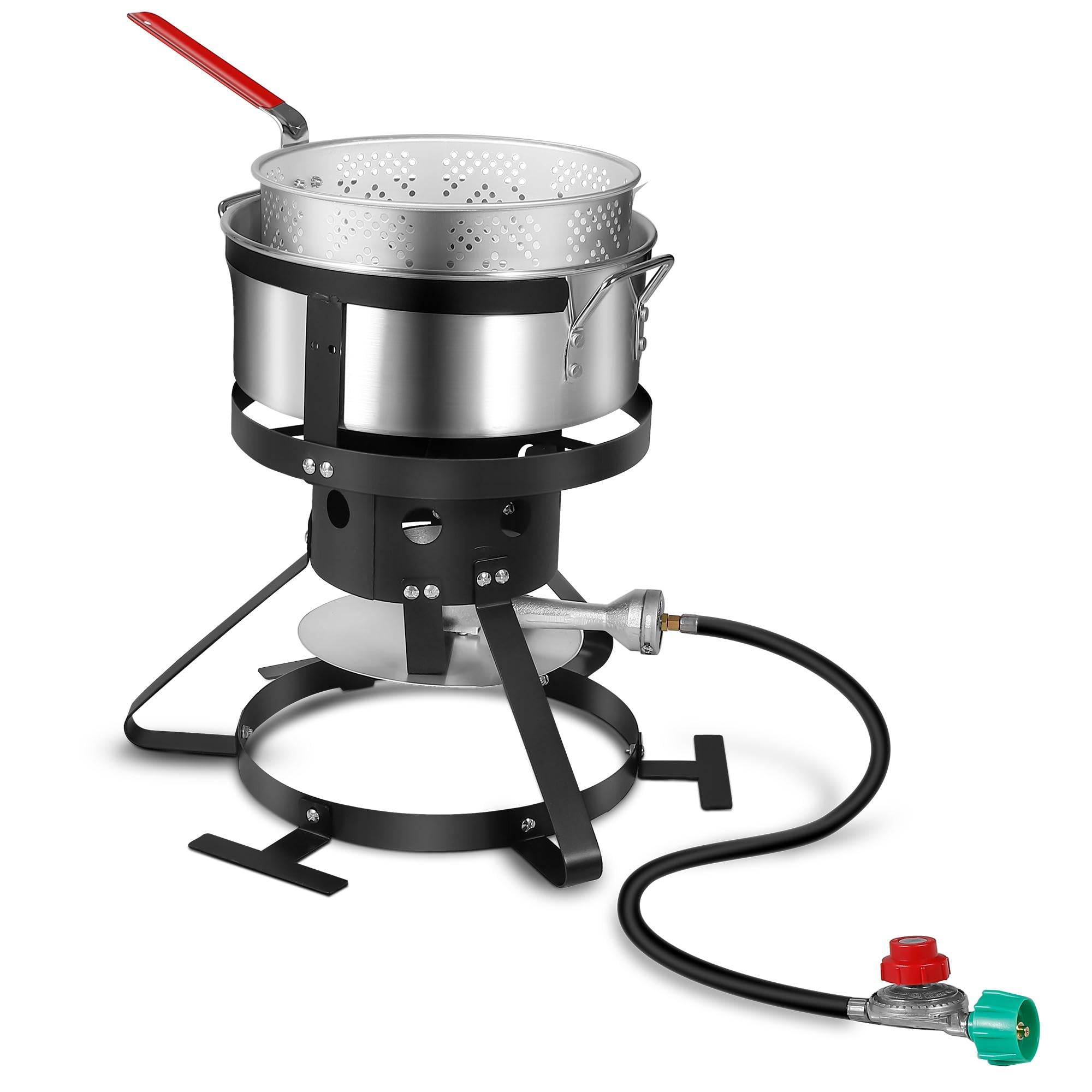 10QT Fish Fryer Pot &amp; 7.5QT Strainer Basket, Aluminum Outdoor Deep Fryer, Propane Fryer for Fries and Seafood, Including Thermometer and 54,000 BTU Propane Burner Stove