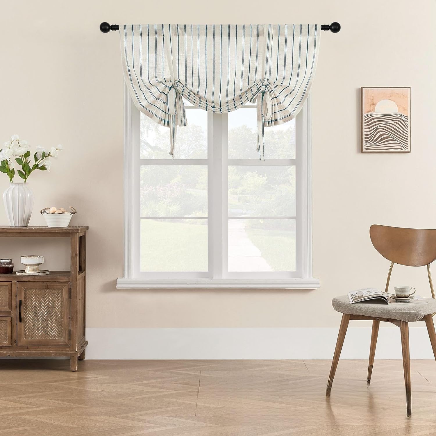 Gxi Blue Striped Sheer Curtain Tie Up Balloon Curtain for Kitchen Bathroom Rod Pocket Farmhouse Linen Voile Valance for Living Room Small Window 1 Panel Width 39 x 47 inches Length