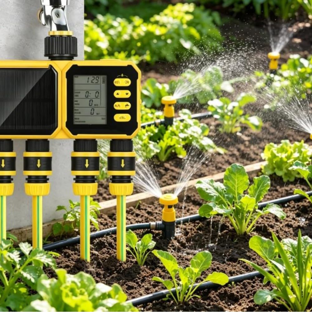 Timer automatico per irrigazione a 4 zone a energia solare, sensore di pioggia, regolatore di irrigazione da giardino con display LCD, impermeabile IPX5 per sistema di cura delle piante del prato