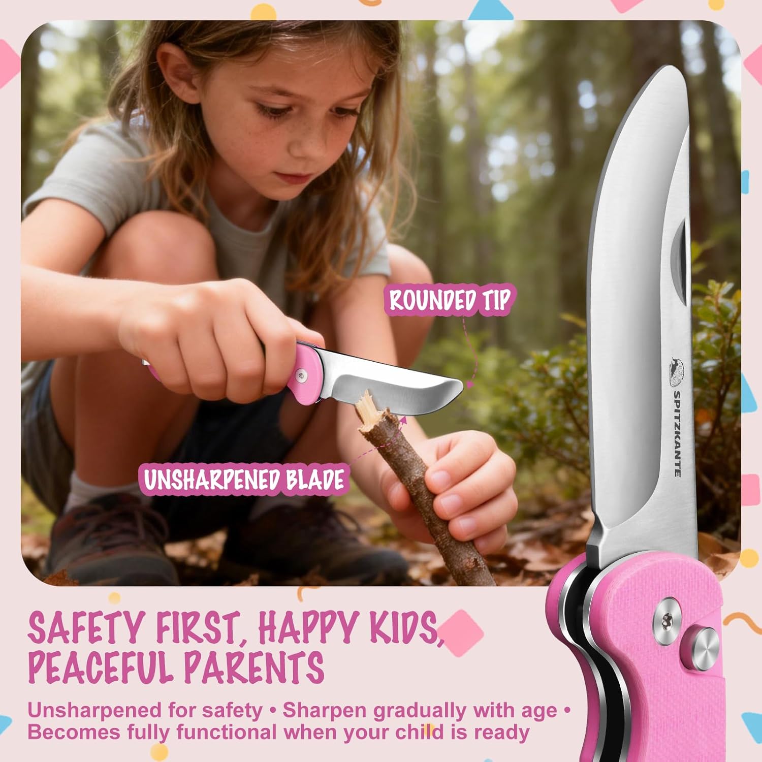 Pink Pocket Knife for Kids HEDGE-C01, Safe Blunt Blade with Rounded Tip, Pink G10 Handle, Trainer Knife for Girls & Beginners – Ideal Gift for Outdoor Learning & Skill Development