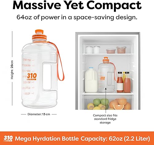 Miniatura 3 de 310 Nutrition Mega Hydration Bottle de 64 onzas, botella de agua grande sin BPA con marcadores de tiempo, boca ancha y asa de transporte para