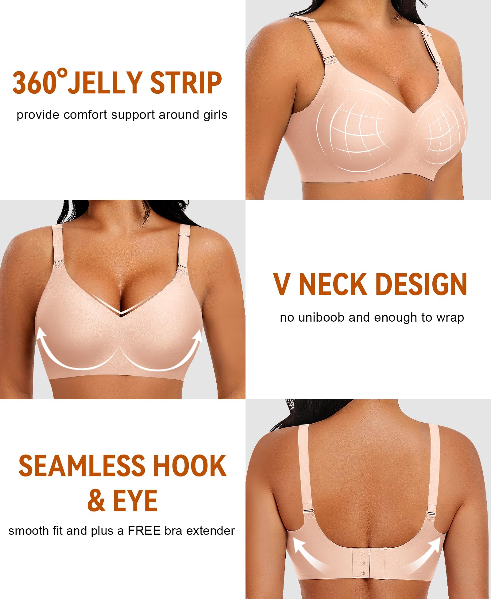 SINFLA V Neck Wireless Bras for Women No Underwire Seamless Bra Full Coverage No Wire Tshirt Bras
