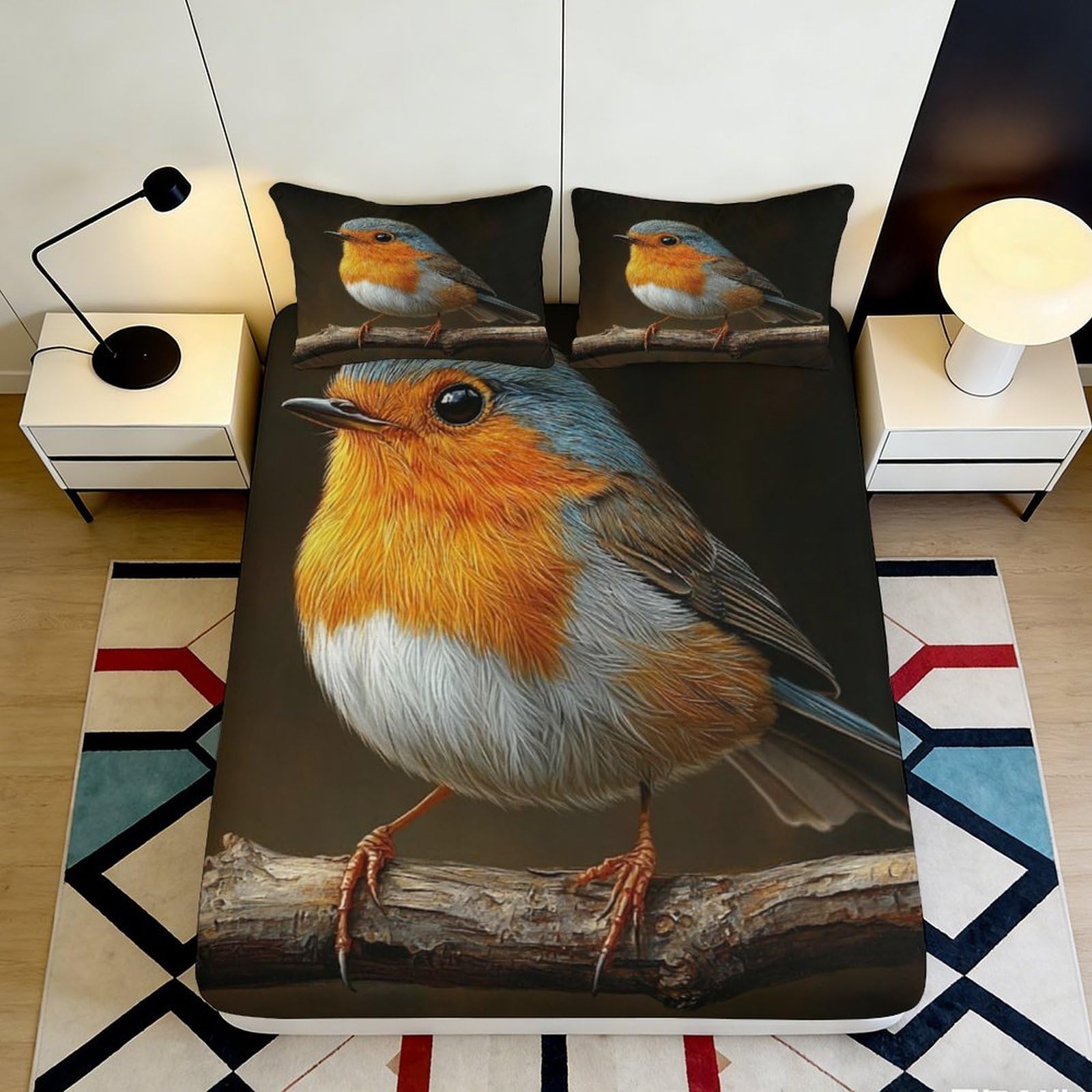 3D Printed Robin Bird Fitted Sheet Microfiber Soft Breathable Forest Branch Mattress Cover for Bedroom Decor 90x200x25cm