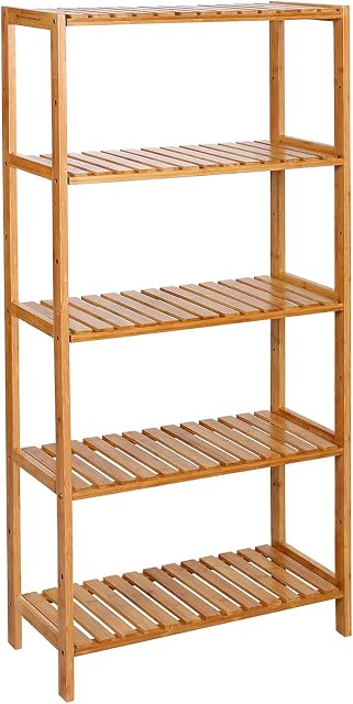 SONGMICS BCB35Y Bathroom Kitchen Storage Bamboo 5 Shelves Adjustable Floor Height Flower Stand Book Shelf natural, 60 x 26 x 130 cm