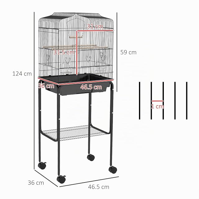 Foto 3 de 8 de PawHut Jaula para pájaros con Soporte y Ruedas 46,5x36x124cm Negro