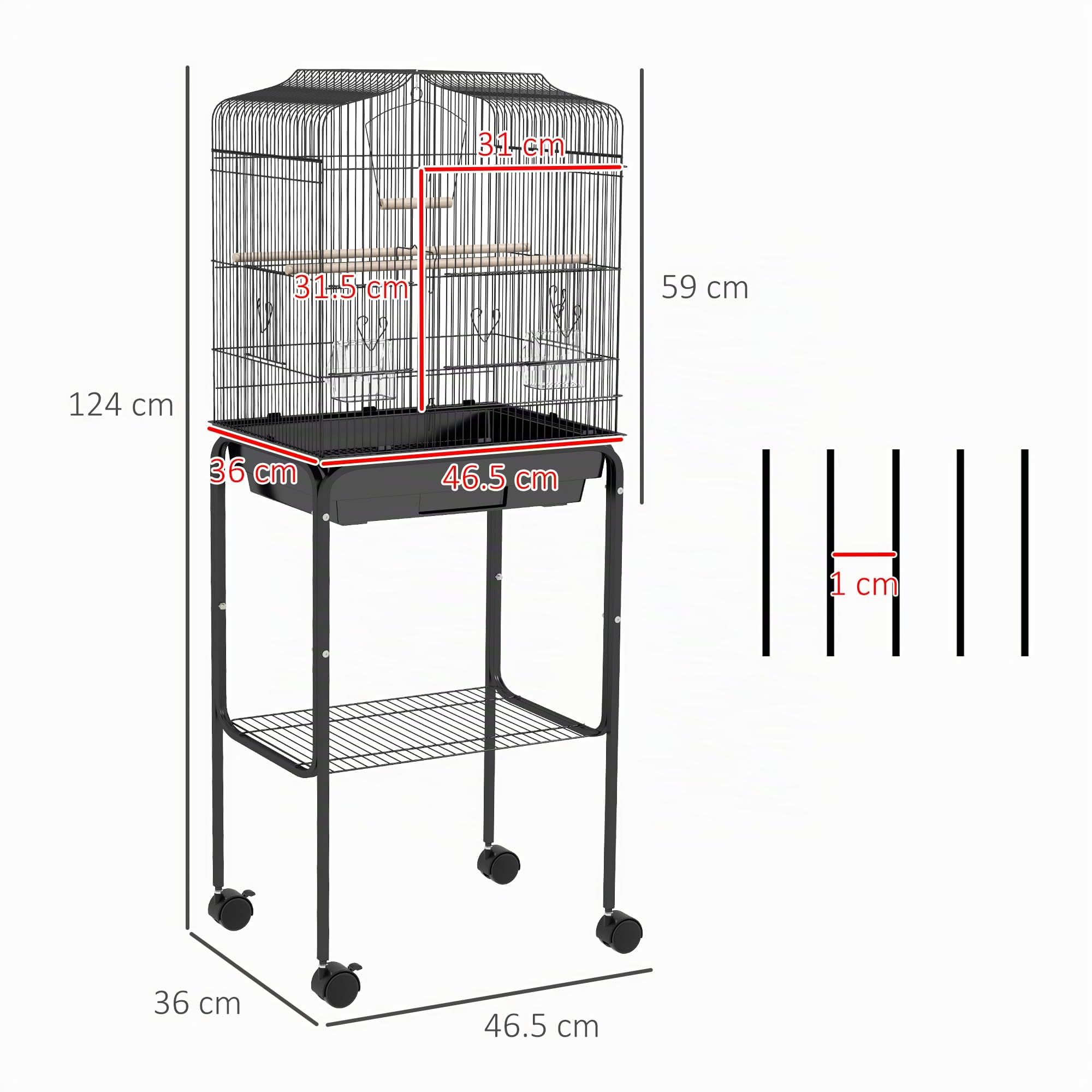 PawHut Jaula para pájaros para periquitos con ruedas de soporte, color negro, 46,5 x 36 x 124 cm | Jaulas para periquitos, para pinzón canario, bandeja deslizante, estante de almacenamiento de accesorios