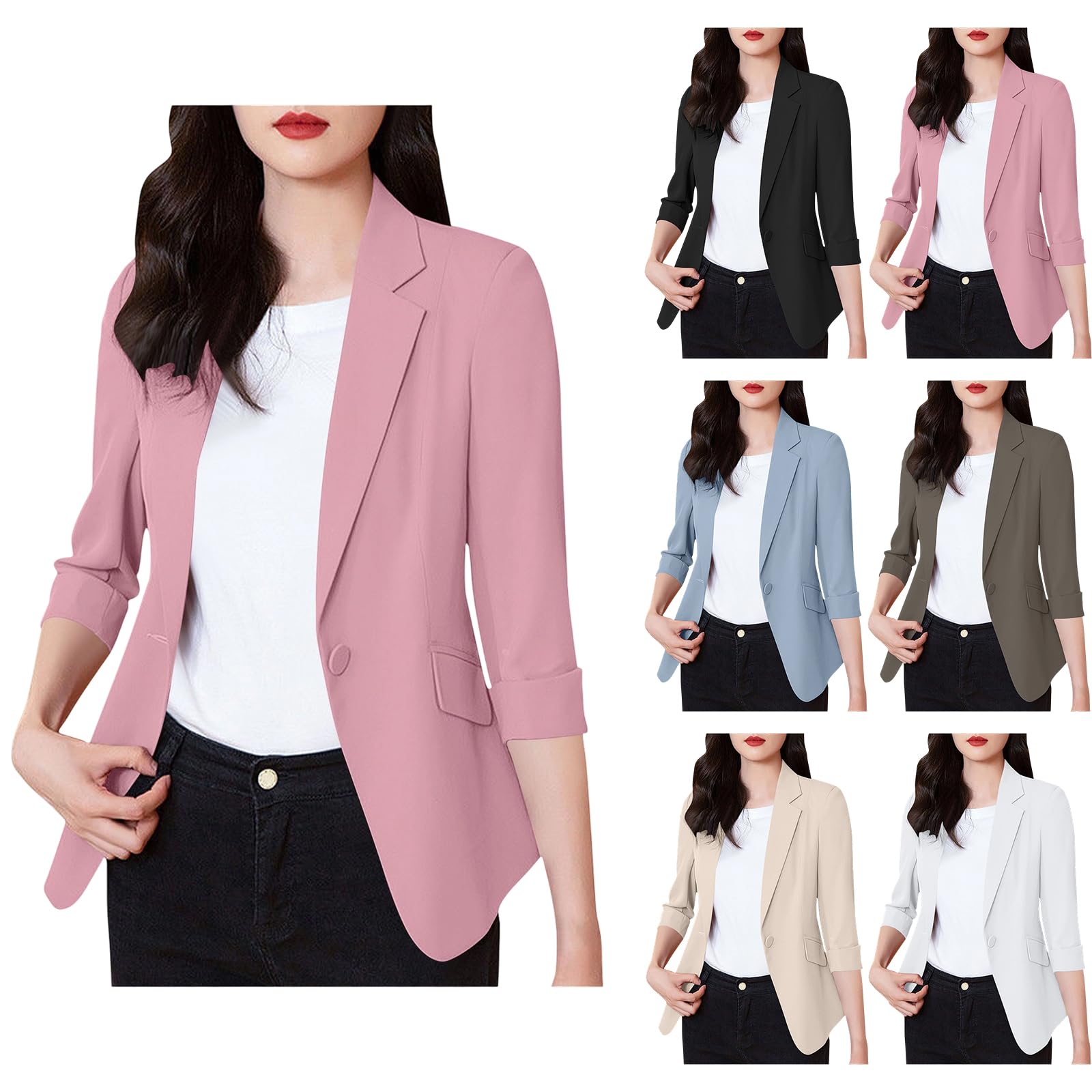 Womens Casual Blazers 2025 One Button Open Front 3 4 Sleeve Work Office Suit Jackets Business Work Blazer