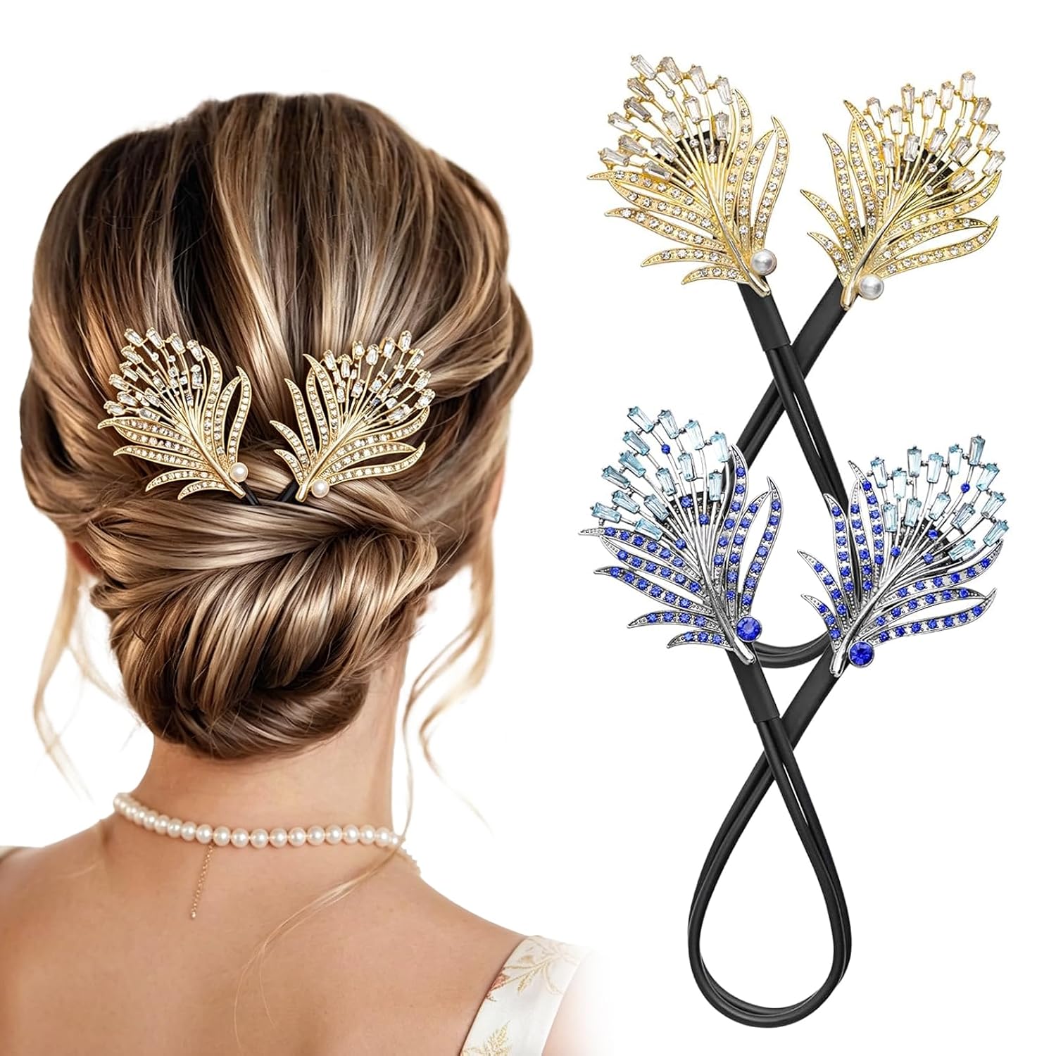 2PCS hair bun maker accessories women twist bun tool french clip elegant flower - Feather Rhinestone easy updo curler for Wedding Party Daily Hair Styling