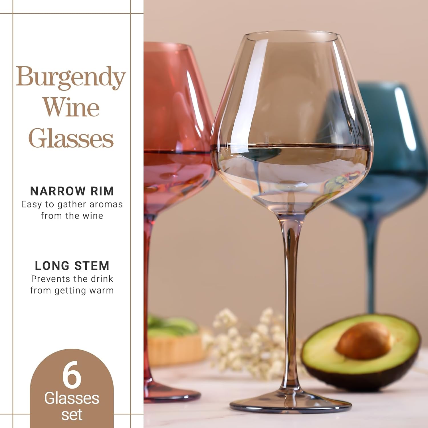 Physkoa Mocha Mousse Color Wine Glasses Set 6-18oz Long Stem Smokey Gray Wine Glasses-Hand Blown Mocha Stemware for Valentine's Day - Image 6