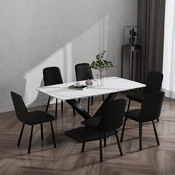 Modern Dining Chairs Set of 6, Dining Room Chairs with Thick Cushion, Comfortable Faux Leather Upholstered Dining Chairs with Metal Legs for Dining Room
