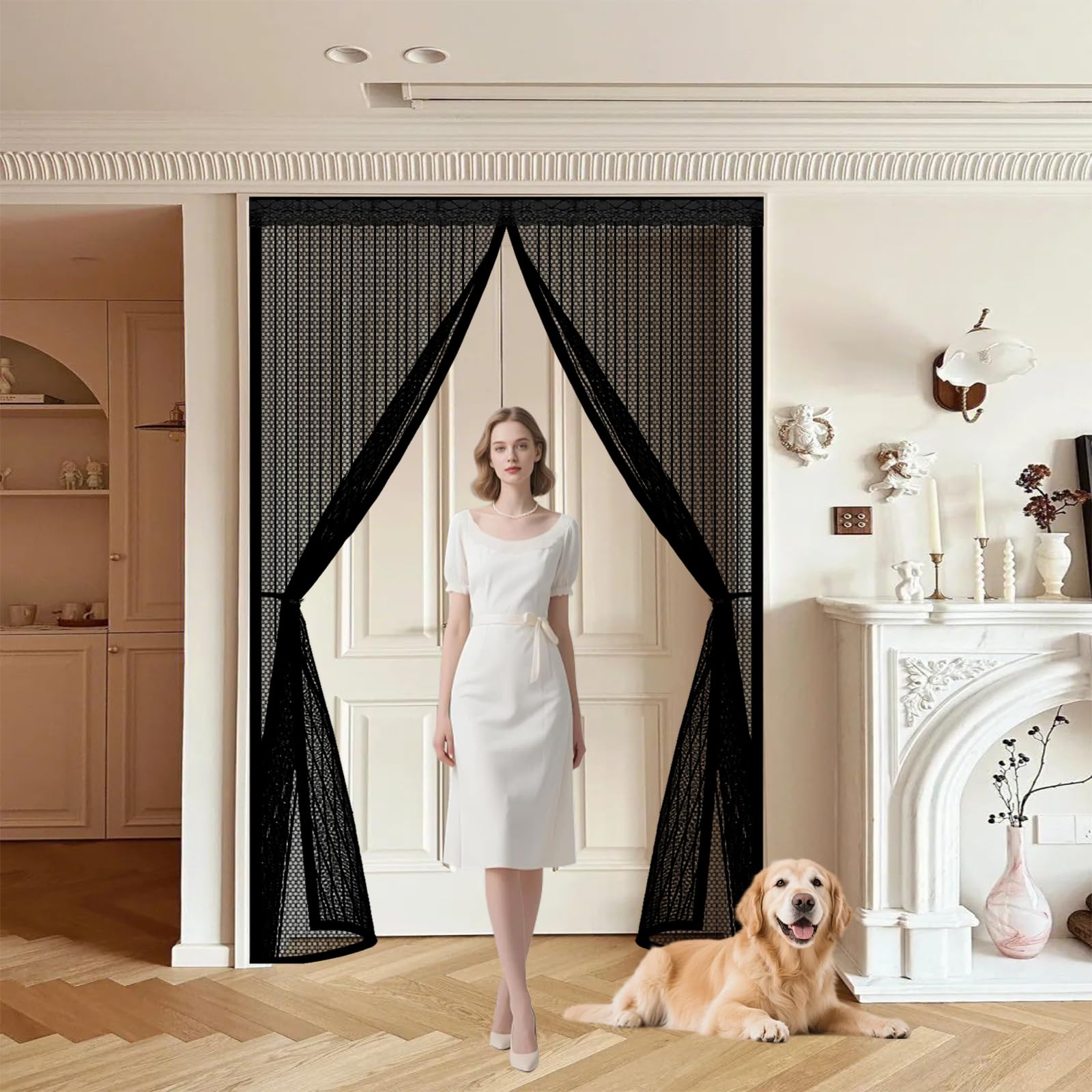 Qenhyun Black Mesh Curtain 70 X 205 Cm Keep Bugs Out, Full Frame Magic Tape, Powerful Magnets, Self Sealing, No Drill Installation, French Door Insect Mesh For Patio Exterior Indoor Doors,