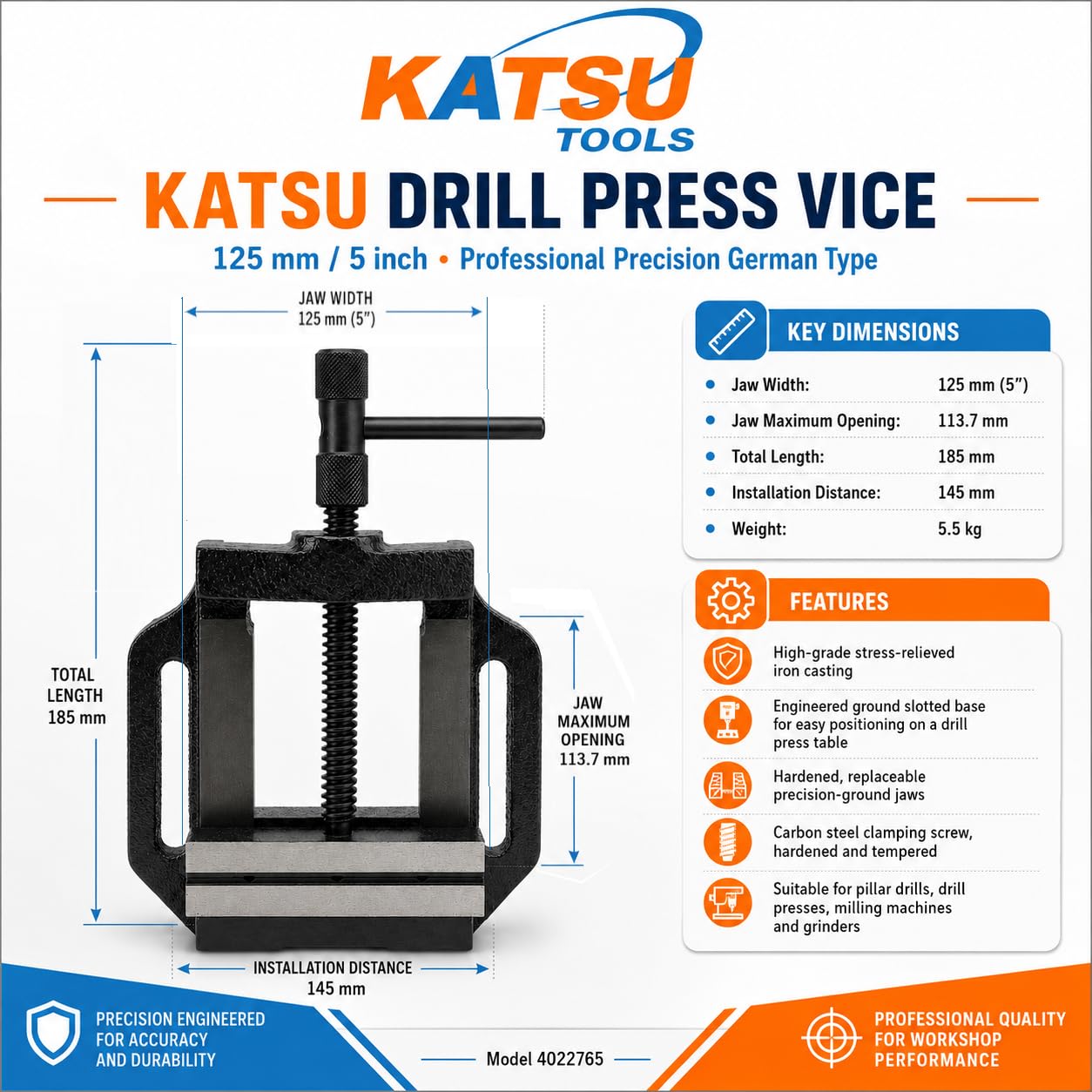 KATSU Étau pour Perceuse à Colonne 5" 125mm Précision professionnelle Type Allemand Pilier Banc Perceuse Étau pour Atelier Fraiseuse Machines 4022765