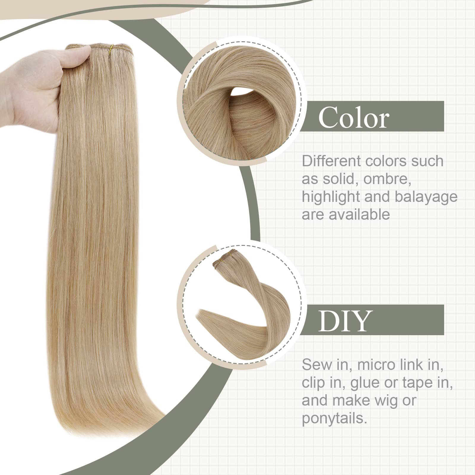 Fshine Extension Capelli Tessitura Biondo Cenere Scuro Con Highlighted Del Biondo Dorato Extension Capelli Cucitura 100g 35CM Human Hair Bundles Lisci Matassa Extension Capelli Veri #16P22