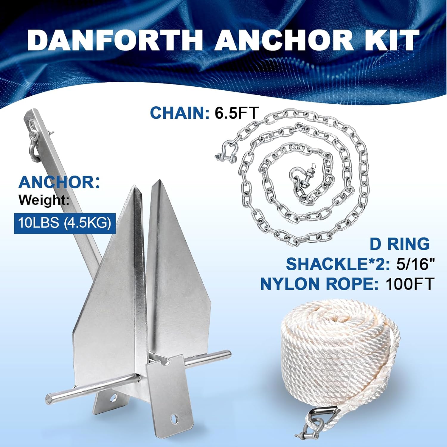 Leero Heavy Duty Boat Anchor Kit with Anchor Chain, Shackle and Anchor Rope, 5/8/10/13/18 lb Danforth Anchor,Boat Anchor for Pontoons, Dinghies, Fishing Boats, Bass Boats, Sport Boats, Sport Yachts