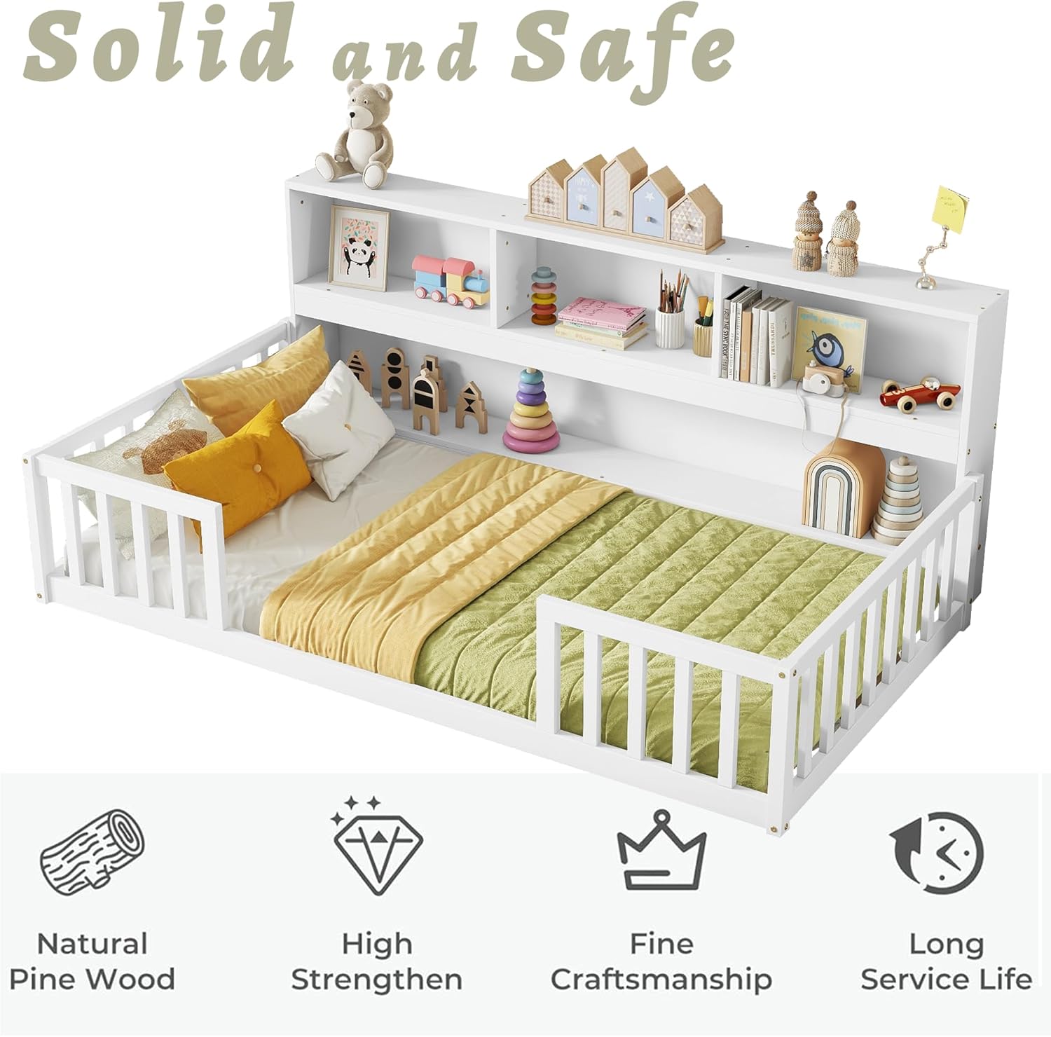Twin Size Floor Bed with Rails, Wood Montessori Floor Bed with Bookcase and Shelves, Kids Twin Bed Frame for Boys,Girls, White