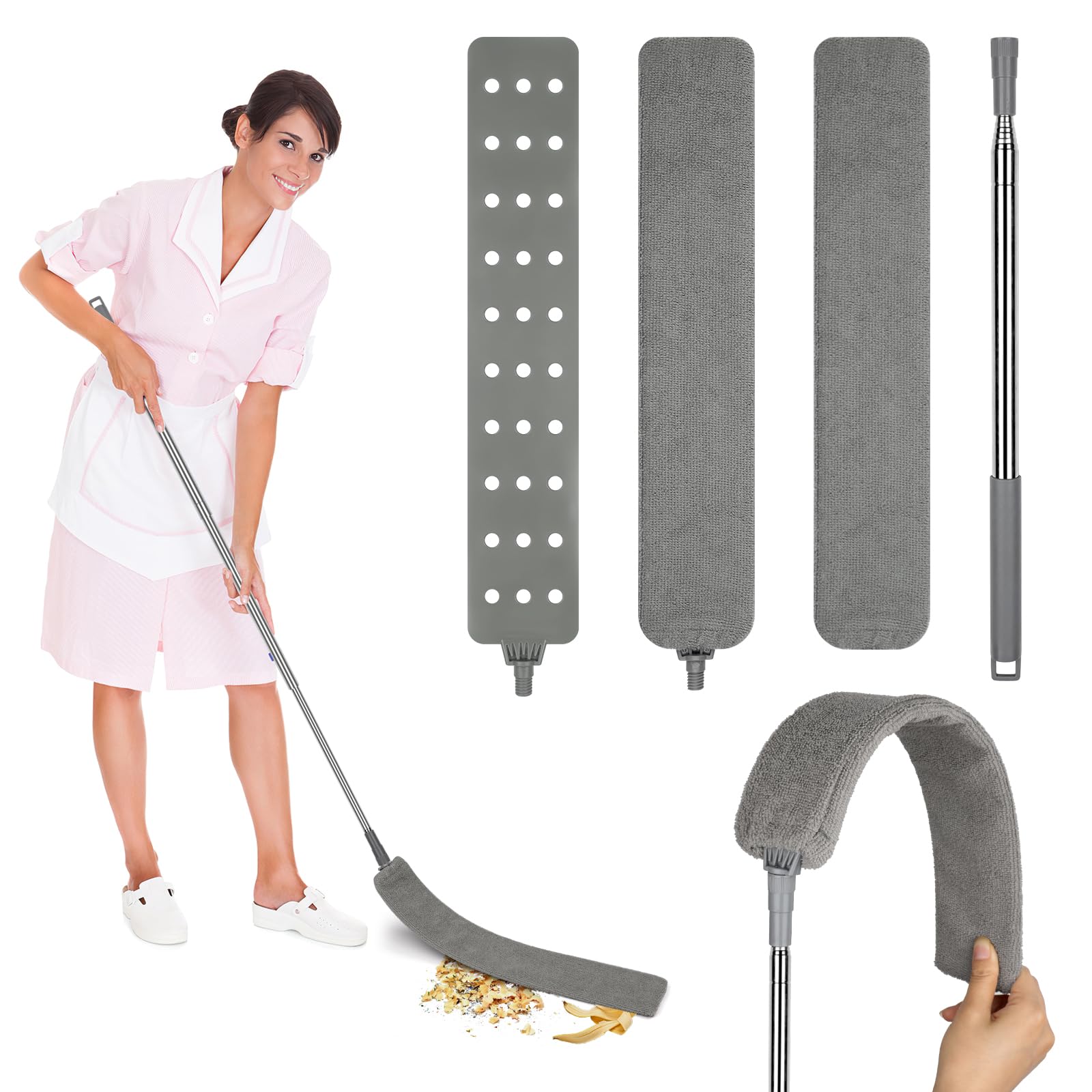 Teleskop Staubwedel Waschbar, Stange Biegbar Eckbesen, 1.2m-2.5m Ausziehbar Duster Mikrofaser Edelstahl Teleskop mit Zwei Austauschbare Reinigungsbürsten,für Staubwedelen Spinnweben