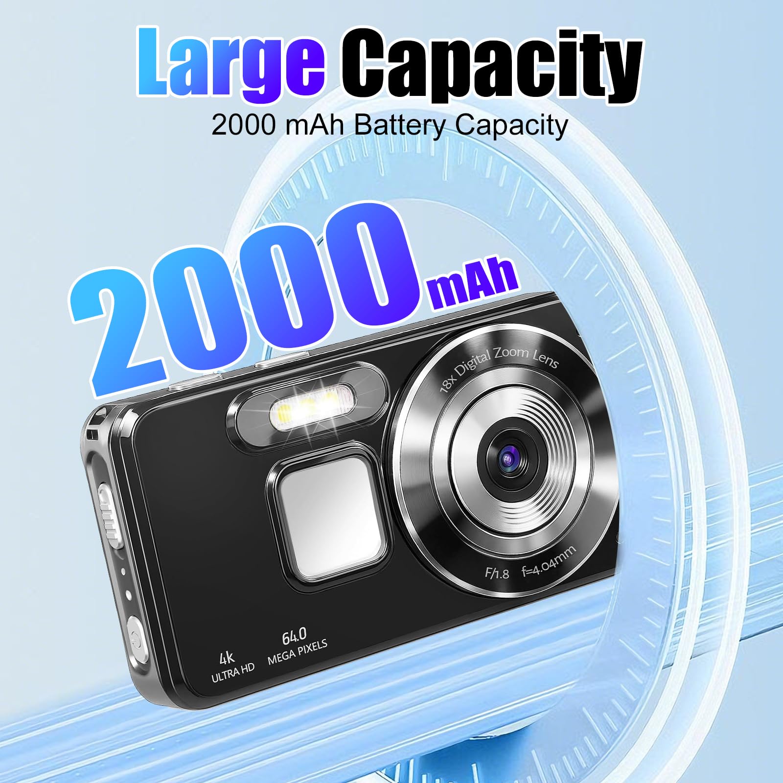 OBEST Appareil photo numérique 4K 64 Go, 64 MP, autofocus, avec écran LCD 2,8", zoom numérique 18x, mini appareil photo portable 2000 mAh pour adolescents, adultes et débutants