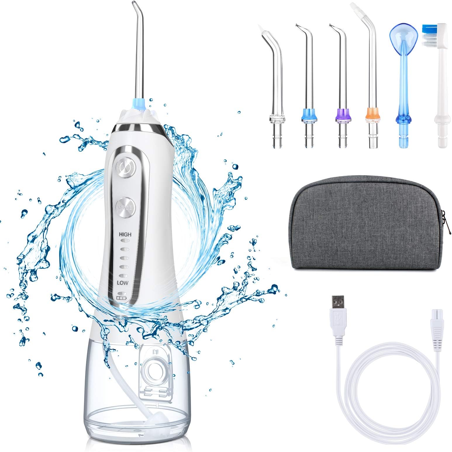 HAUEA Water Flosser, Portable Cordless Rechargeable Dental Oral Irrigator, with 6 Interchangeable Jet Tips IPX7 Waterproof with 320ML Water Tank for Teeth Brace & Bridges Care (White)