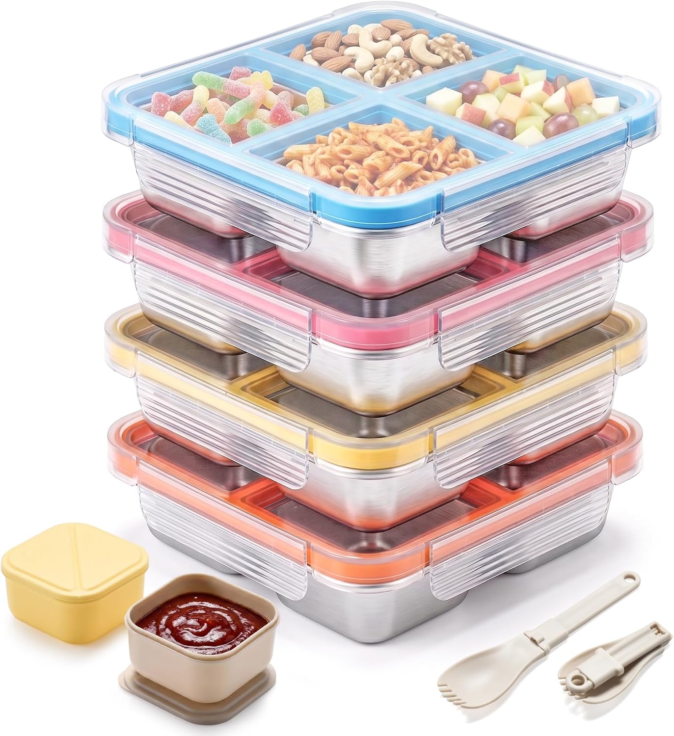 4 Pack Stainless Steel Snack containers, Leak-Proof, 4 Compartments, 3 Cups
