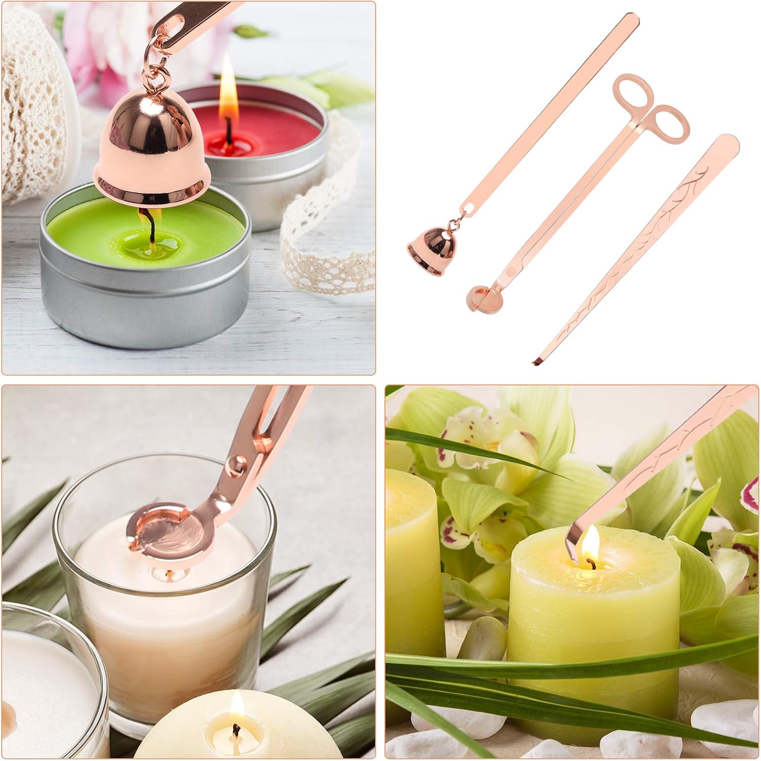 3 in 1 Candle Snuffer Set, 3P Candle Accessory Set with Candle Wick Trimmer, Candle Snuffer and Candles Wick Dipper Candle Cutter Kit for Candle Lovers with Gift Package (Rose Gold)