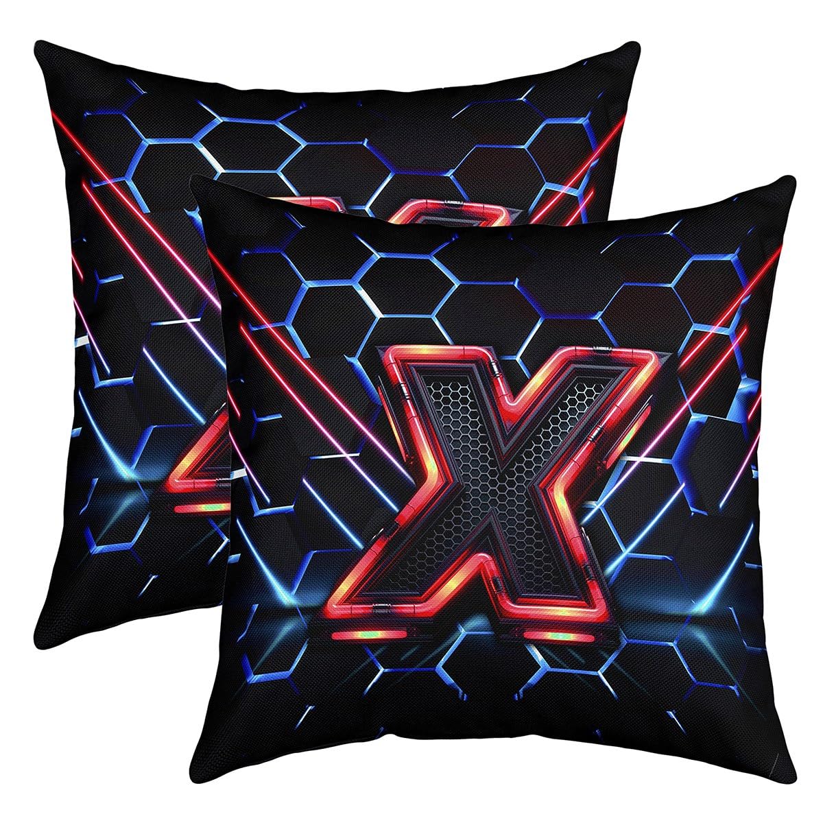 richhome Letter X 3D Pillow Covers 20"x20" Set of 2,Modern Honeycomb Print Reversible Throw Pillow Covers Cases for Boys Teens,Red Blue Hexagon Square Cushion Covers Set for Bedroom Living Room