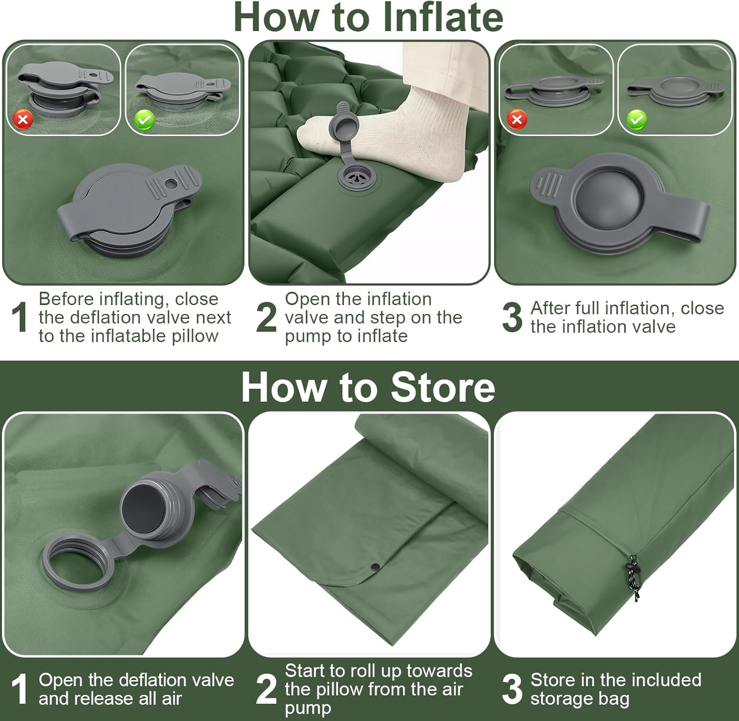 Camping Sleeping Pad, Ultralight Camping Mattress with Pillow Built-in Foot Pump,Thickened Compact Portable Self-inflating Sleeping Mat for Camping Backpacking Car Travel Hiking Tent,Single,Green