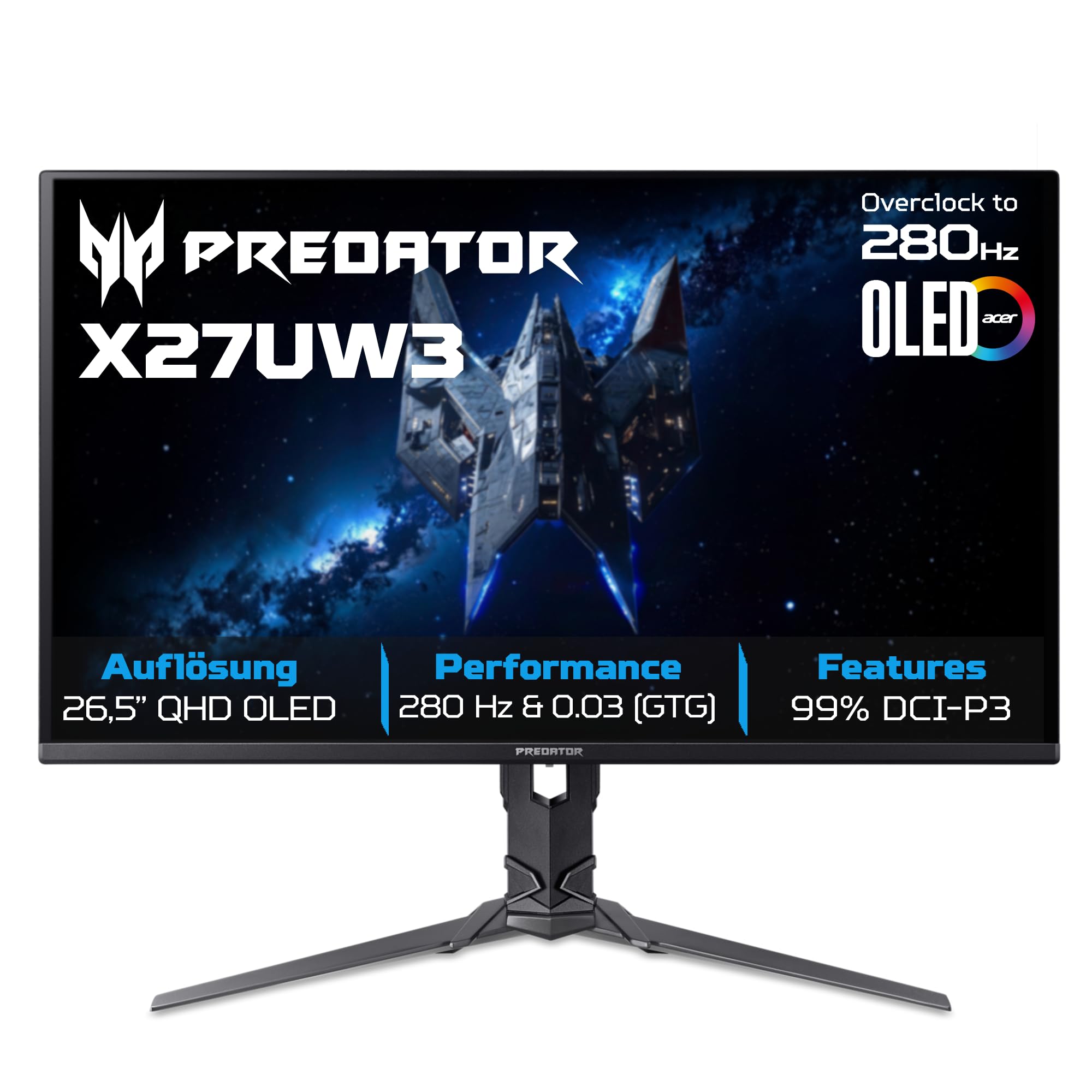 acer Predator X27U W3 Gaming Monitor 26.5 Zoll (69 cm Bildschirm) WQHD, QD-OLED, 240Hz, 0.03ms (GTG), 2xHDMI 2.1, 1xDP 1.4, FreeSync Premium Pro, HDR, höhenverstellbar, drehbar (Pivot), Delta E<2