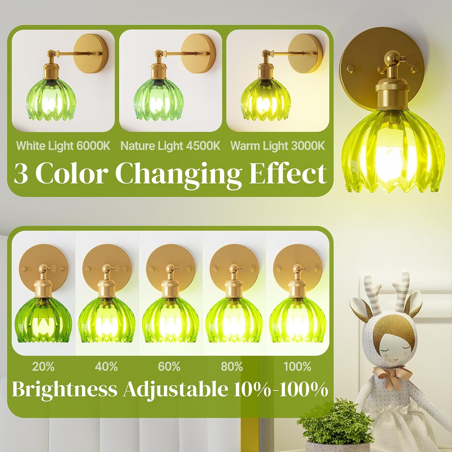 Vintage Battery Operated Wall Sconce Set of 2, Wireless Wall Sconce with Green Tulip Glass Shade, Rechargeable & Remote Control Wall Lamp for Living Room, Bedroom，Hallway Wall Decor Lights