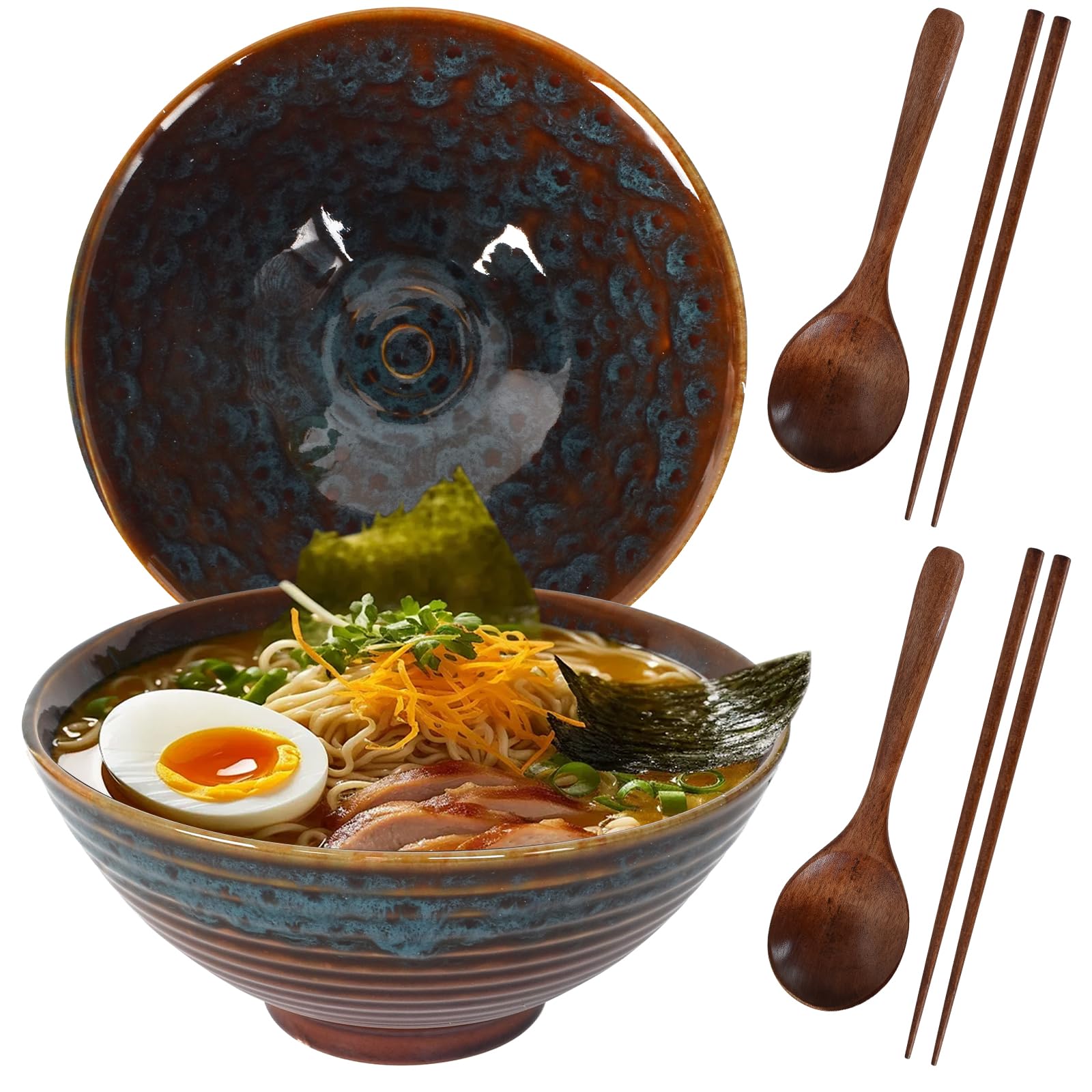 Lot de 2 bols à ramen en céramique bleue 1200ml avec baguettes et cuillères