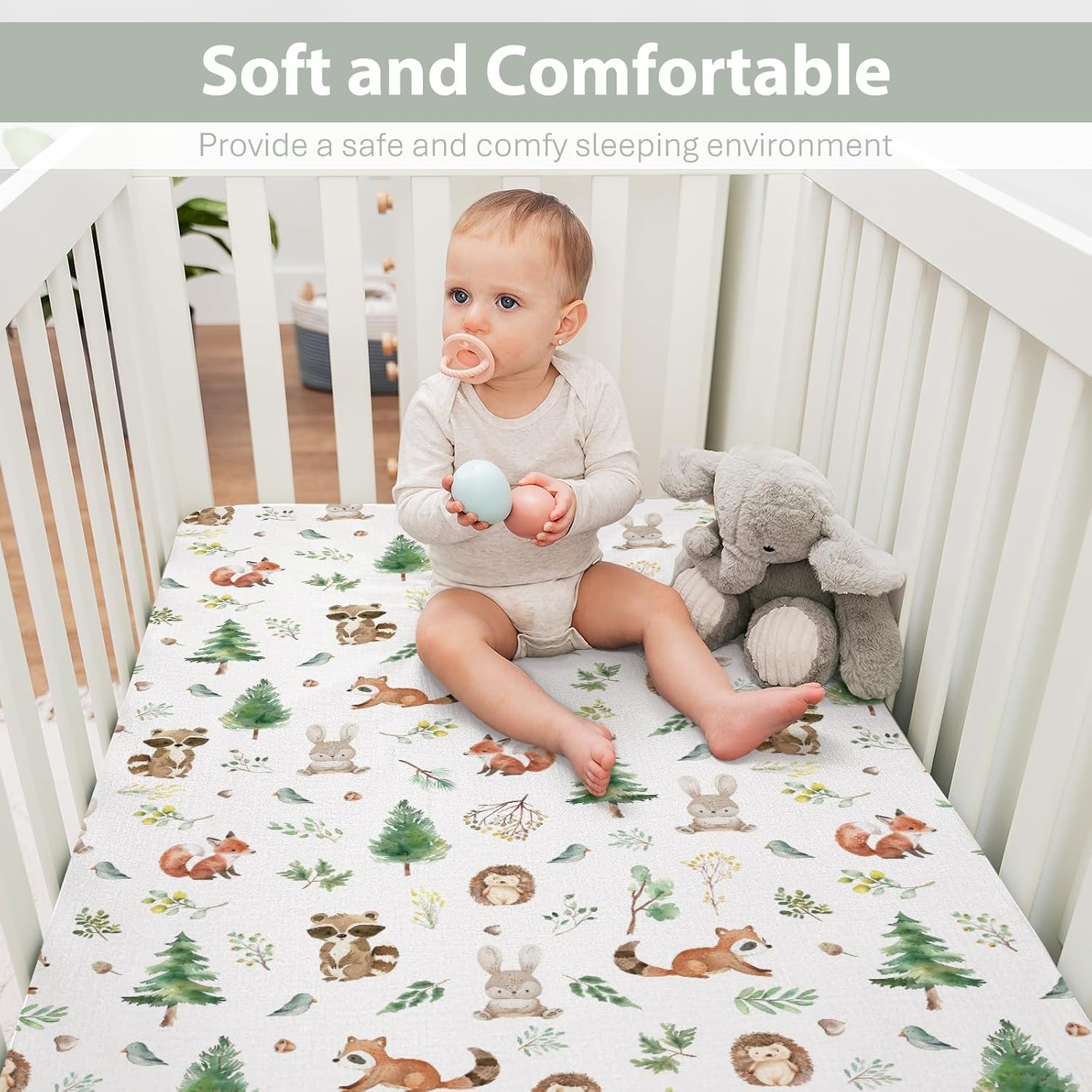 Watercolor Animals Baby Crib Sheets Boy Girl 52x28 Hedgehog Raccoon Fox Bunny Trees Leaves Soft Snug Fitted Crib Mattress Cover Forest Animal Baby Sheet for Standard Crib & Toddler Bed Mattress