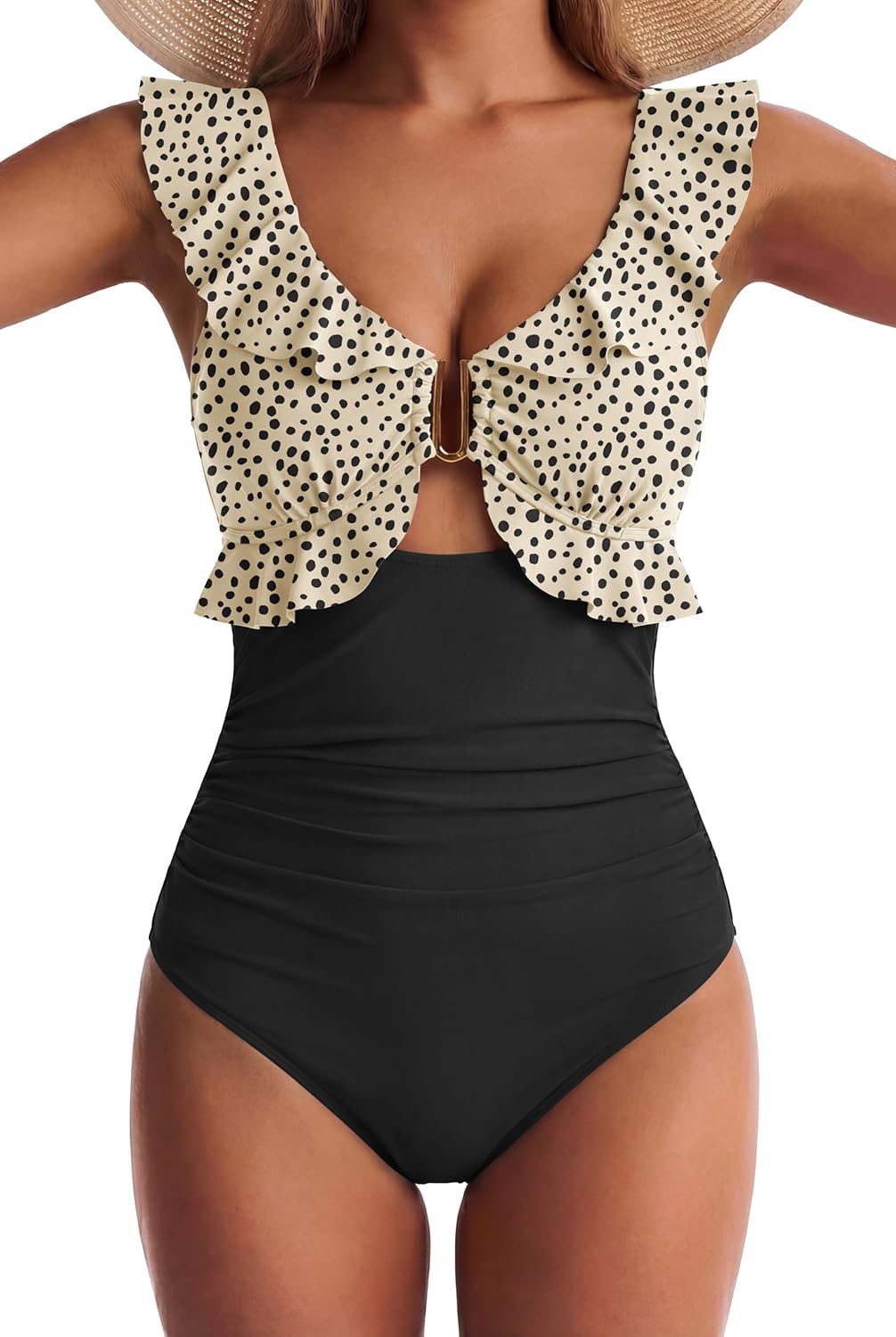 Women One Piece Swimsuit Tummy Control Ruffle Bathing Suit Cutout V Neck Swim Suit Ruched Slimming Swimwear