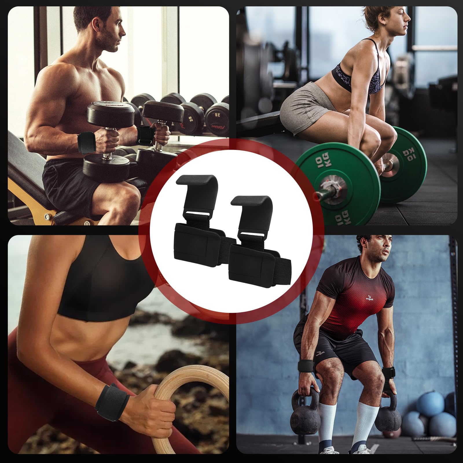 Fitness pomoc do treningu siłowego z gumą – 1 para haków do podnoszenia, paski do podnoszenia, paski gimnastyczne, pomoc w chwytaniu do sportów siłowych, antypoślizgowe haki do podciągania, uchwyty do