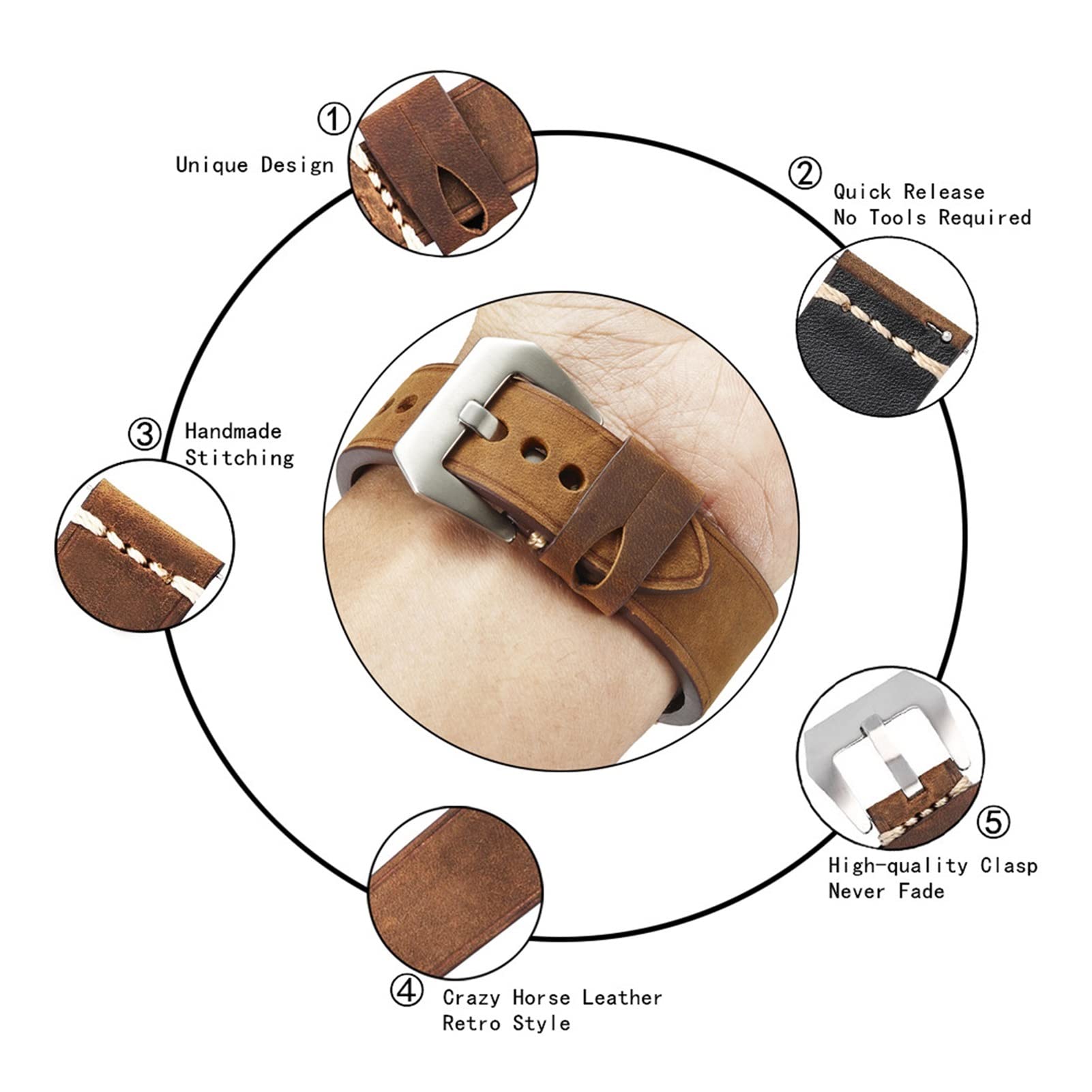Herren-Uhrenarmband aus Leder, 22 mm, 24 mm, Vintage-Rindsleder-Uhrenarmband, Uhrenzubehör, langlebig