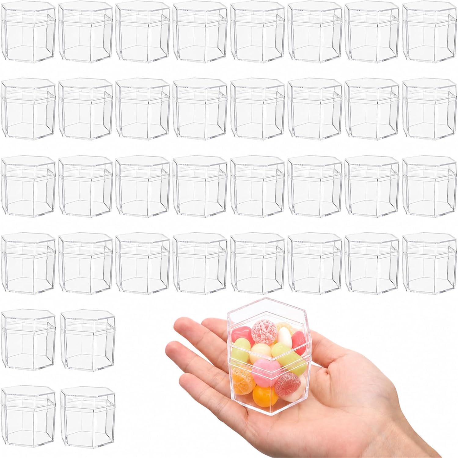 Okllen 36 Pcs Plastic Small Acrylic Box with Lid, Hexagon Wedding Favor Boxes, 2.2 Inch Small Decorative Containers for Party Favors, Jewelry, Tiny Items