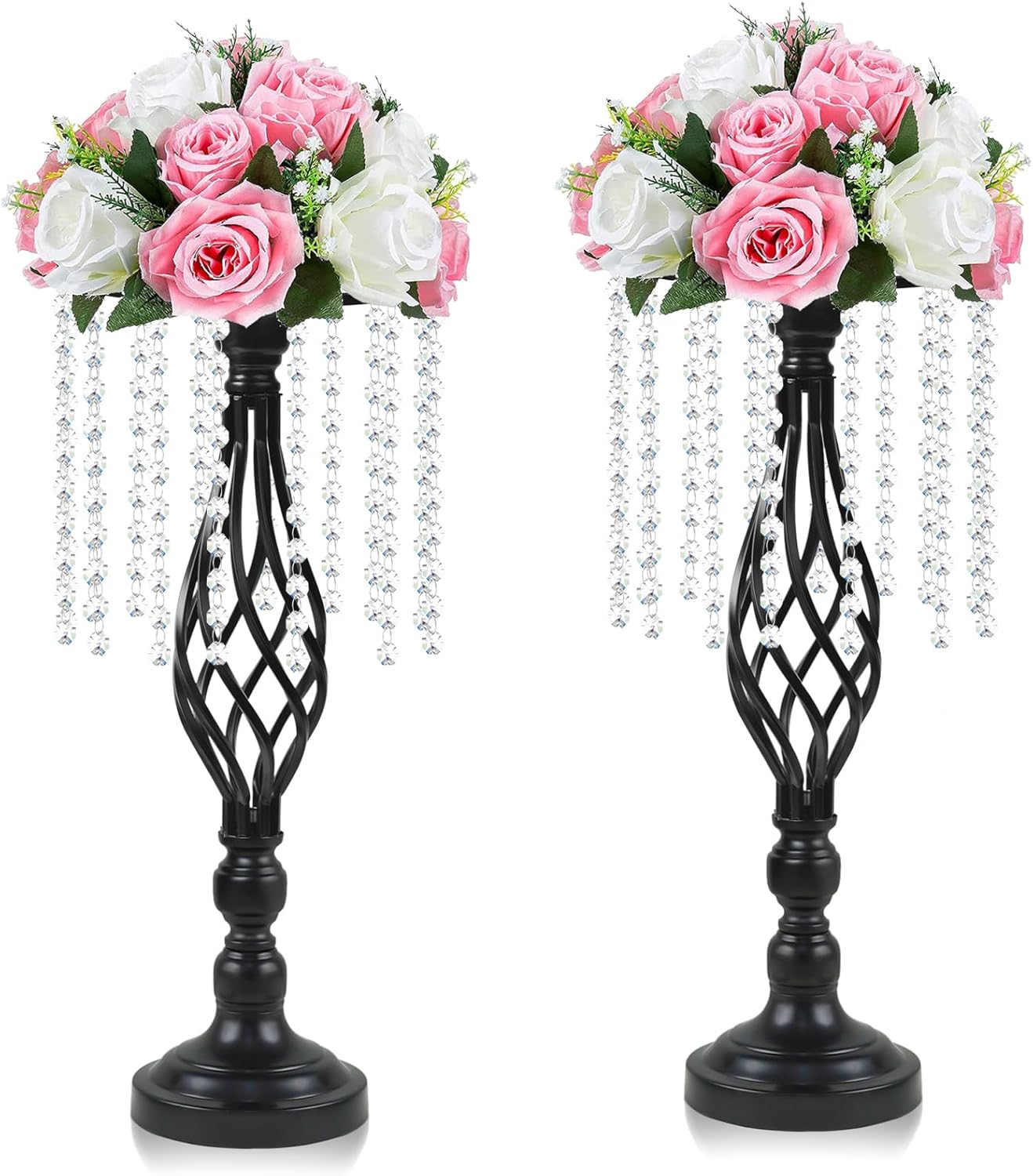 2 pcs Black Metal Crystal Pendant Flower Stand, 19" Wedding Tall Vase, Metal Hollow for Wedding Banquet Event Anniversary Celebration Decoration