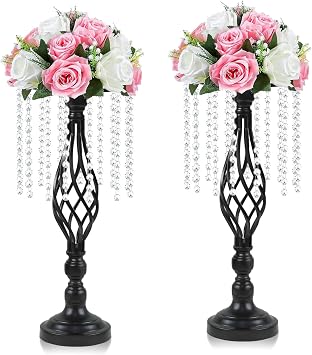 2 pcs Black Metal Crystal Pendant Flower Stand, 19" Wedding Tall Vase, Metal Hollow for Wedding Banquet Event Anniversary Celebration Decoration