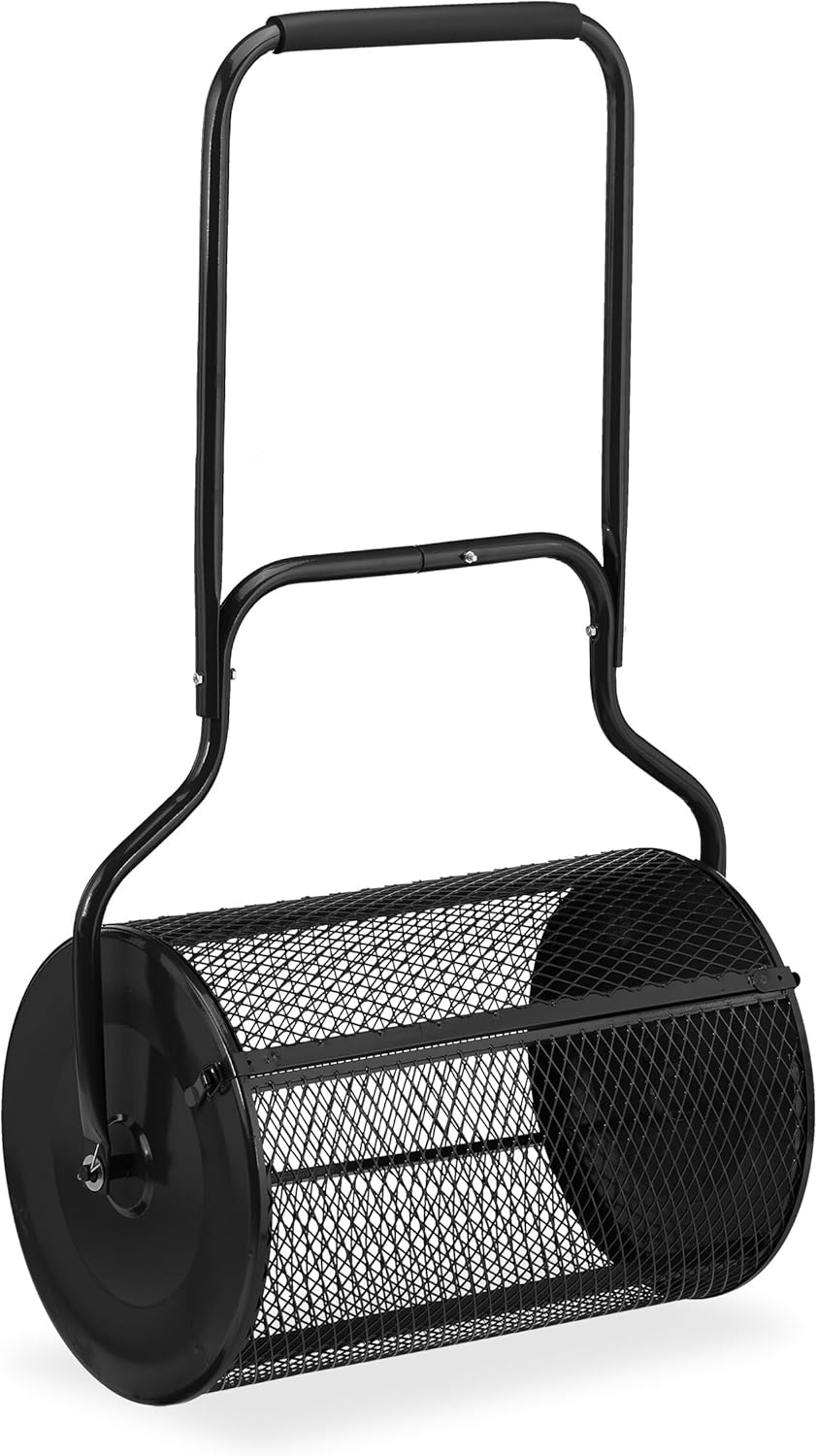 Relaxdays Compost Spreader for Lawn, mesh Basket, 75 L, Garden Shaker with Handle, H x W x D: 118 x 68 x 40 cm, peat Moss Spreader, Black