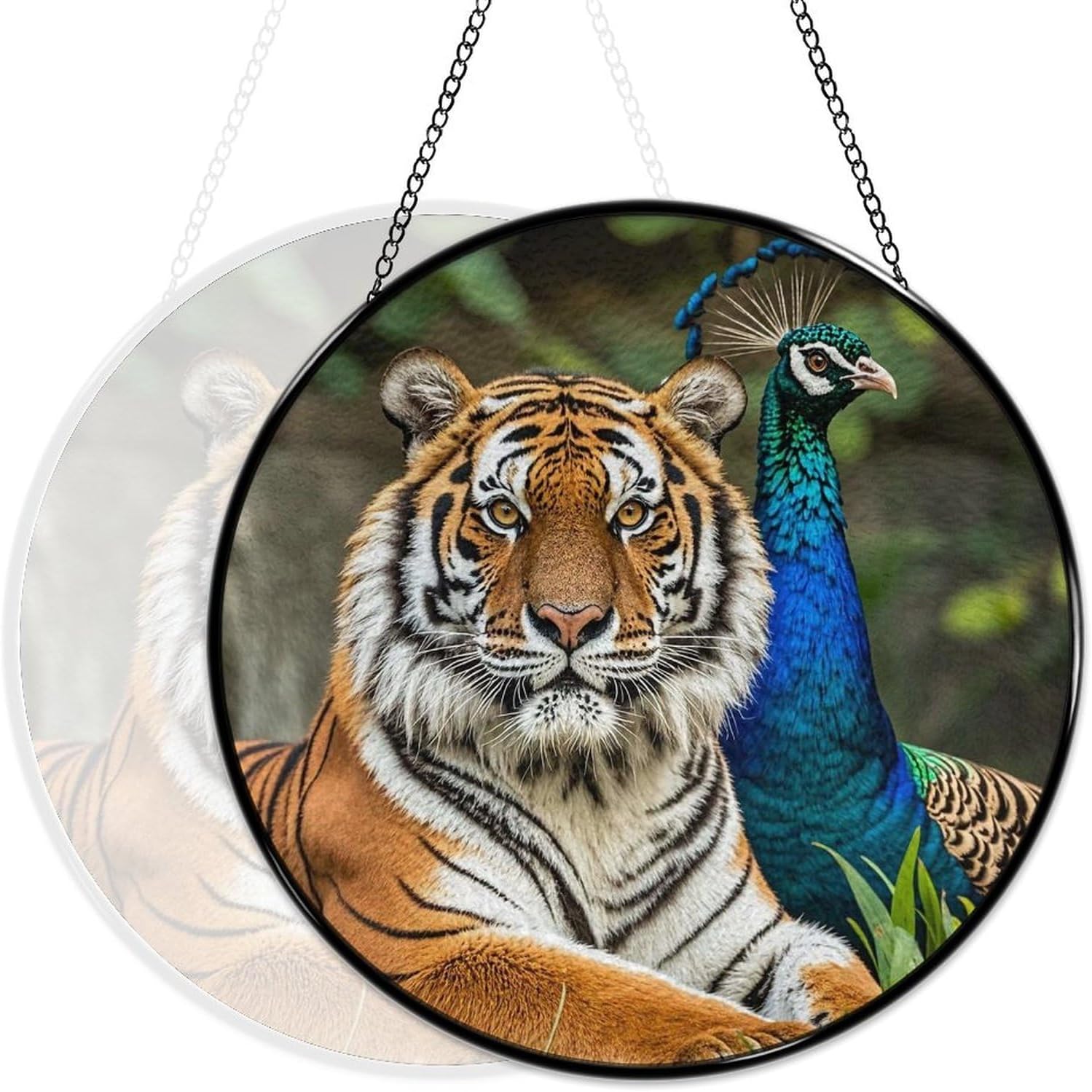 Stained Glass Hanging Sign Suncatcher, Tiger and Peacock