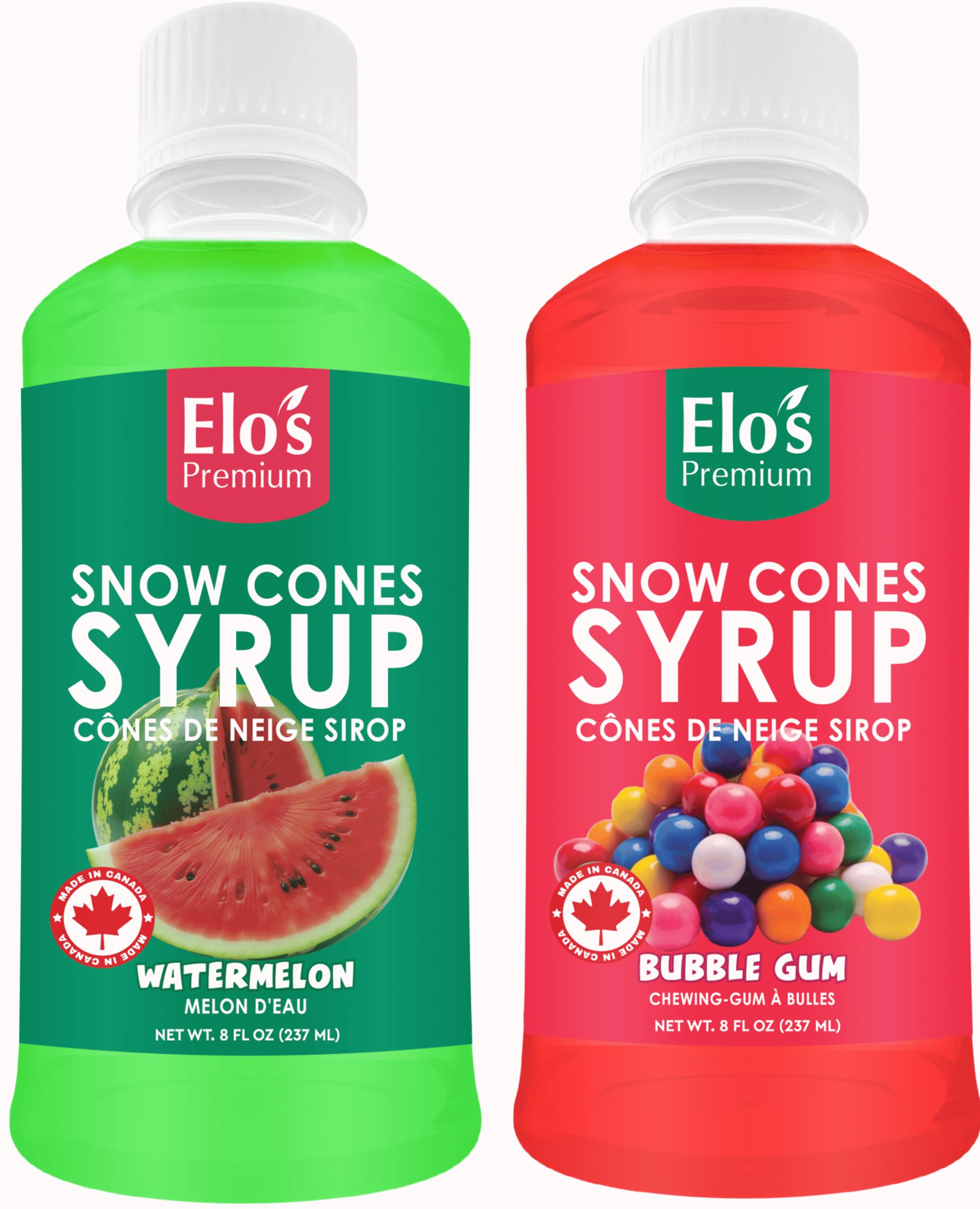 Snow Cone Syrup (8oz X 2), MADE IN CANADA| 2 Flavors Includes Watermelon and Bubble Gum | Premium Quality Flavoring | Ideal for Snow Cones, Shaved Ice, and Beverages | Fun and Delicious for All Ages | By Elo's Premium