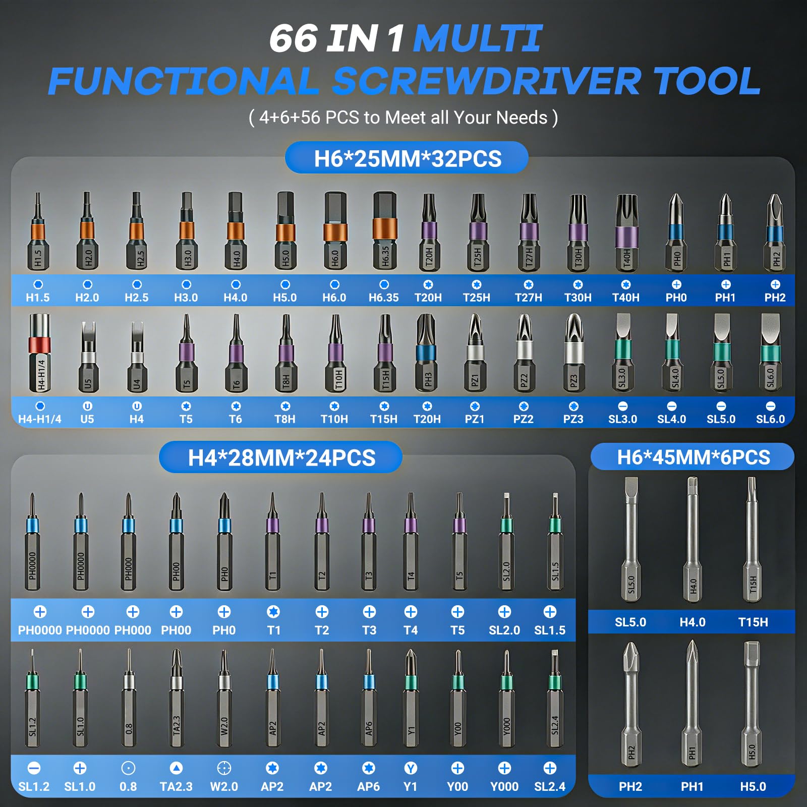 Set di cacciaviti magnetici a cricchetto 66 in 1, set di cacciaviti fai da te con manico staccabile, kit di strumenti di riparazione compatto portatile per mobili, laptop, elettronica, bicicletta