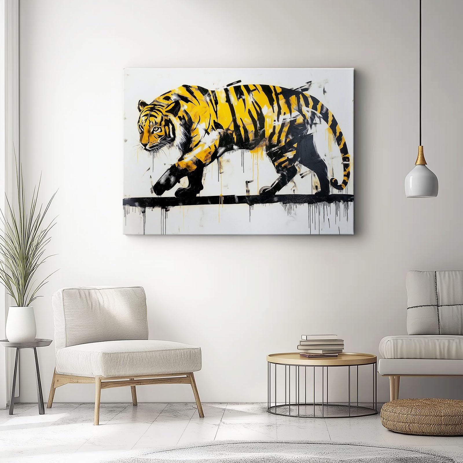 Impresiones en lienzo Tigre Pintado A Tinta Pósteres temáticos e impresiones en lienzo, Amarillo Pinturas decorativas de pared 160L x 80W cm Para el hogar y el dormitorio, sin marco