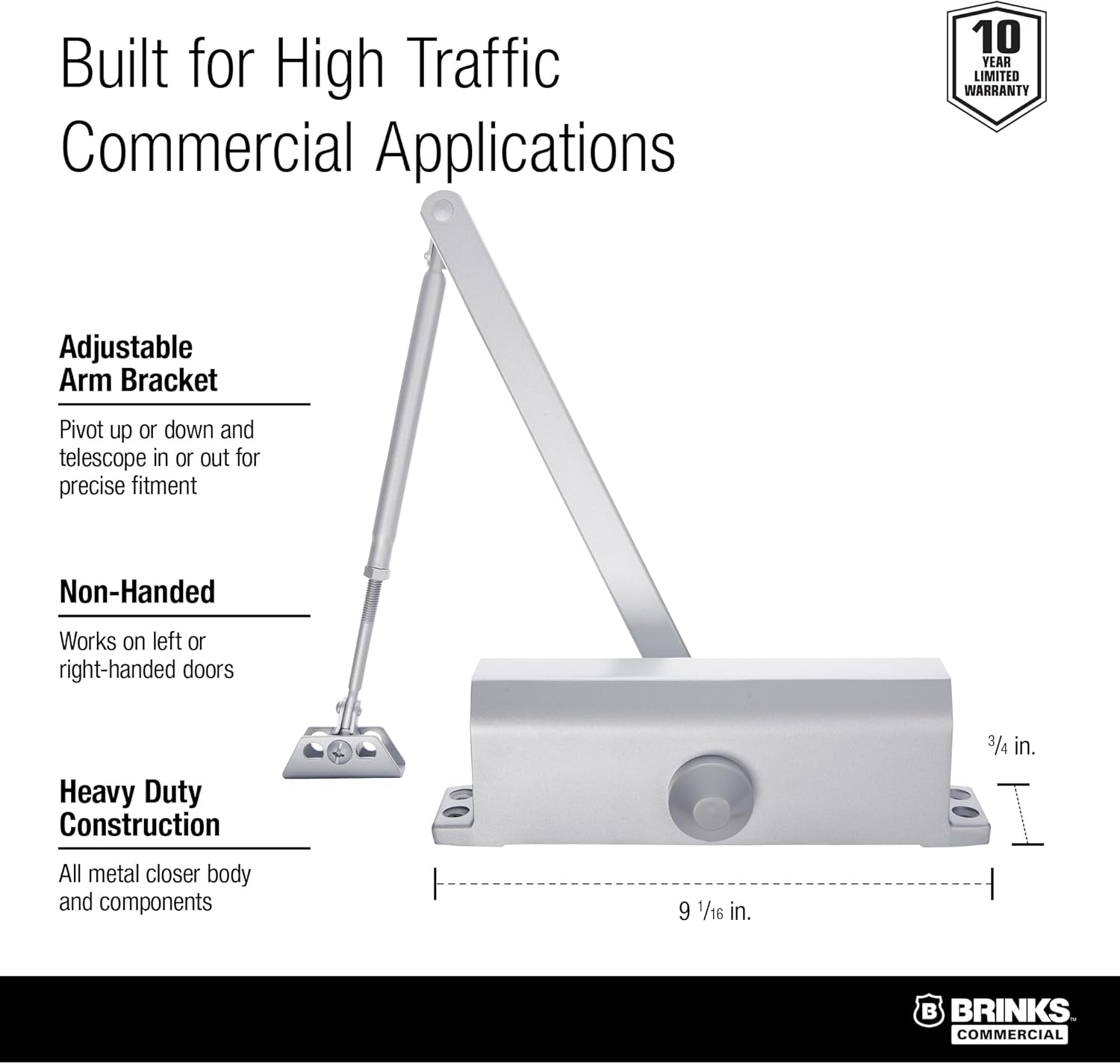 Brinks Commercial Heavy Duty UL Listed Door Closer, Aluminum Finish - Commercial Door Hardware for Offices & Buildings