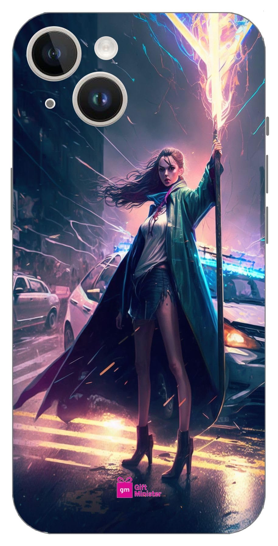 Hard Designer Mobile Case for Apple iPhone 14 Cover Slate Gray - Anime Wizard Woman Super Powers Standing Middle Street Magic Staff Rage Unleashed Uncontrollably Lightnings 1Pcs 1701Q