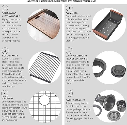 Miniatura 9 de ZEEK Fregadero de cocina con estación de trabajo de 32 pulgadas, color negro, calibre 16, acero inoxidable, doble cuenco 5050 con accesorios