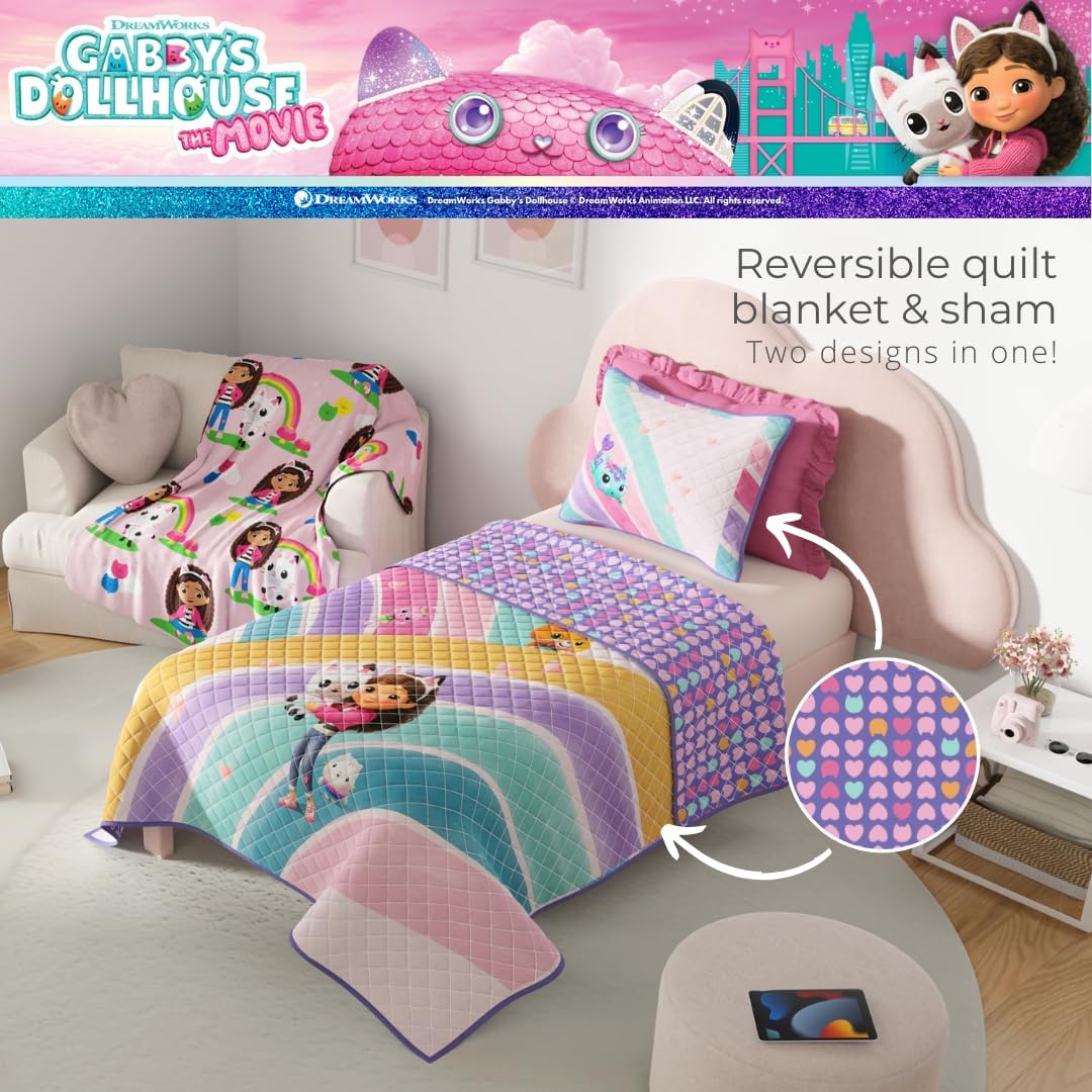 Gabby's Dollhouse The Movie Bedding 2 Piece Quilt & Pillow Sham Set, Twin Size 68" x 86", (Officially Licensed Product) by Franco Kids