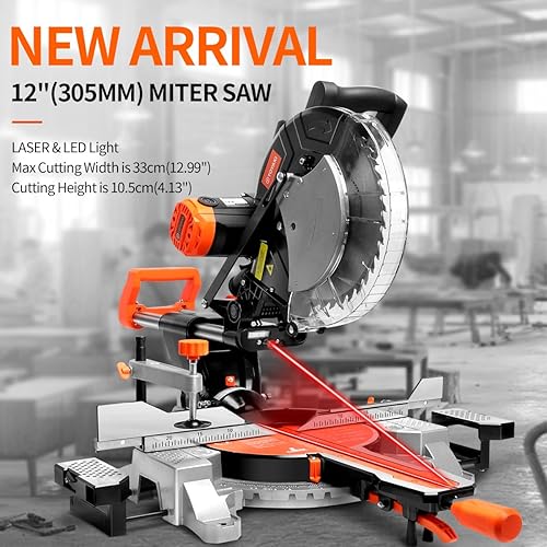 Miniatura 6 de Sierra ingletadora de doble bisel compuesto deslizante de 12 pulgadas con guía láser, luz LED, mesa de extensión, 15 amperios, capacidad de corte de
