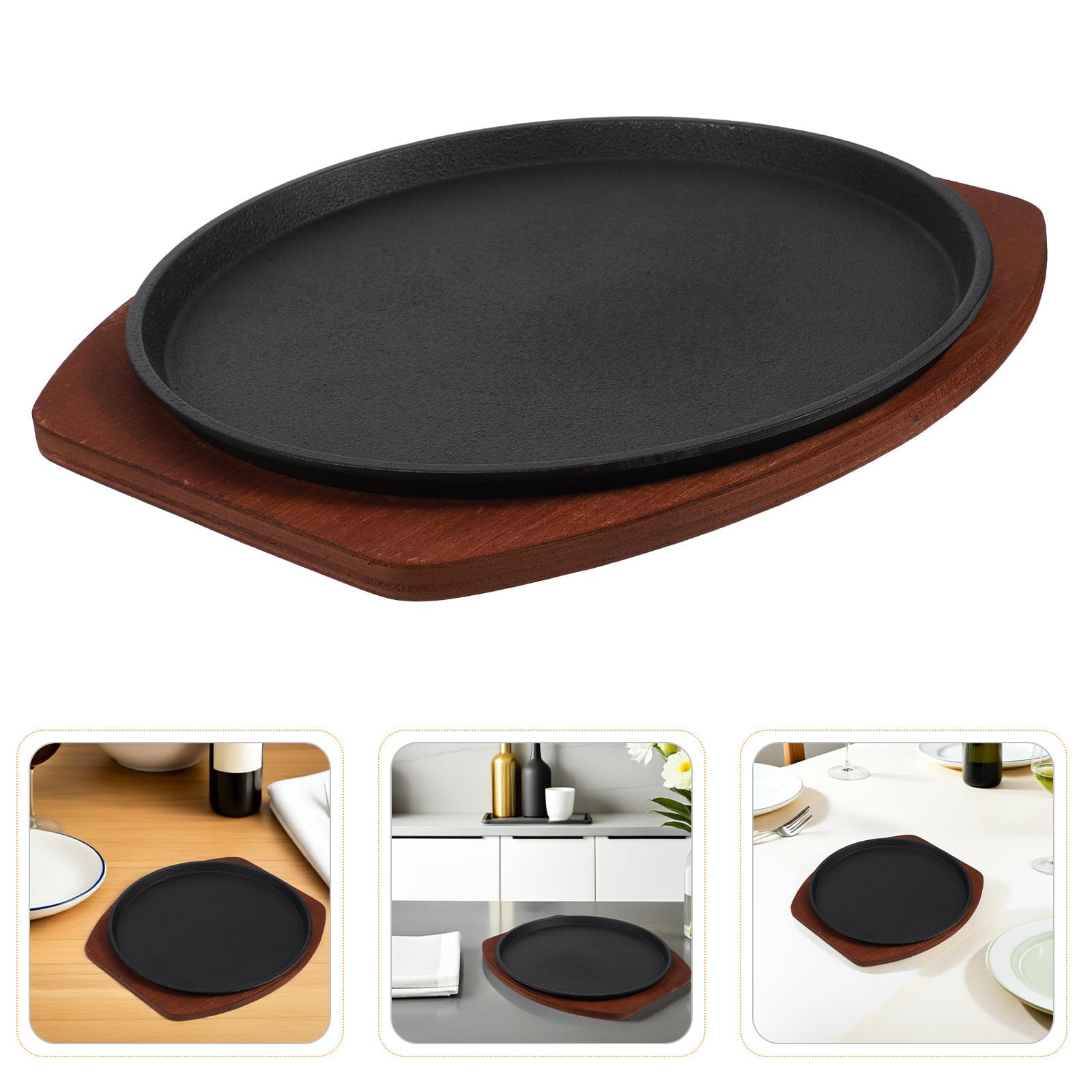 ULTECHNOVO Plaque de Cuisson en Fonte pour Barbecue Extérieur, Poêle à Steak 27cm avec Base en Bois, Résiste aux Hautes Températures, pour Restaurant et Rassemblements