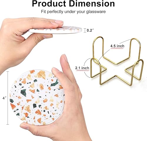 Miniatura 4 de 6 posavasos de cerámica estilo terrazo con soporte, los mejores posavasos redondos absorbentes para escritorio, salón, café, bebida, vino, bebidas,
