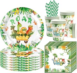 68 Pièce Vaisselle Anniversaire Dino, Assortiments Dinosaure Vaisselle de Fete, Enfant Decoration Anniversaire Assiette Tasse Serviette